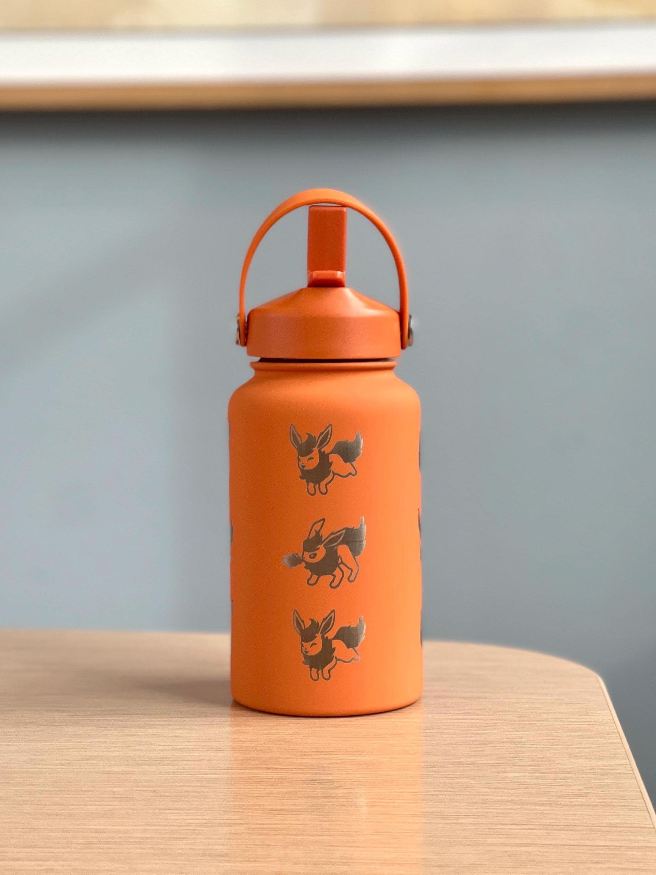 Flareon Water Bottle Engraved Coffee Tumbler with Cafe Top Hat and Flamethrower, Eevee Fire Evolution Waterbottle, Anime Fan Birthday Gift