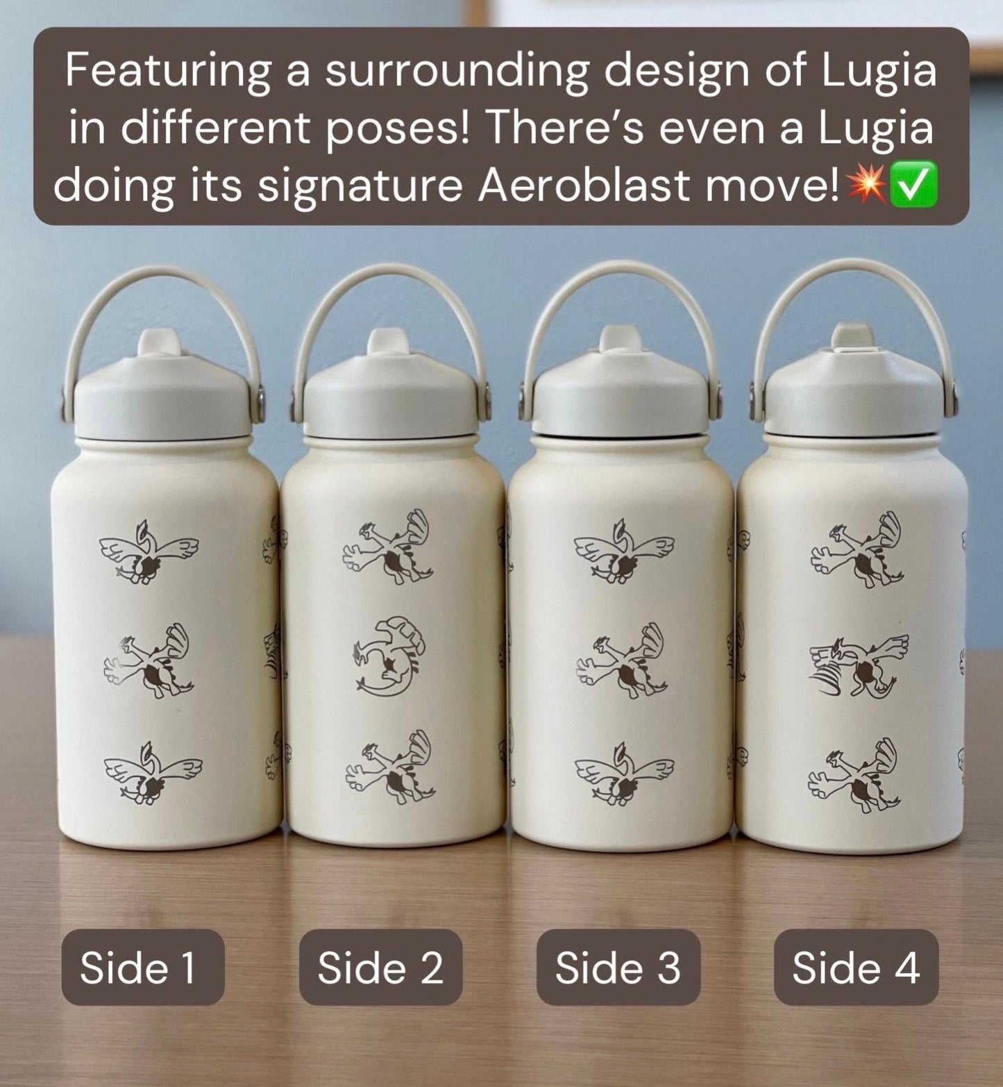 Lugia Engraved Straw Water Bottle, Aeroblast Move Johto Legendary Waterbottle Coffee Tumbler, Anime Fan Travel Mug Cup Birthay Gift