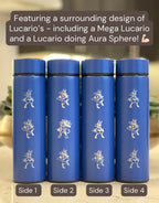 Lucario Coffee Tumbler Tea Infuser Waterbottle with Mega Lucario Aura Sphere, Engraved Water Bottle Thermos, Gamer Anniversary Birthday Gift