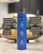 Lucario Coffee Tumbler Tea Infuser Waterbottle with Mega Lucario Aura Sphere, Engraved Water Bottle Thermos, Gamer Anniversary Birthday Gift