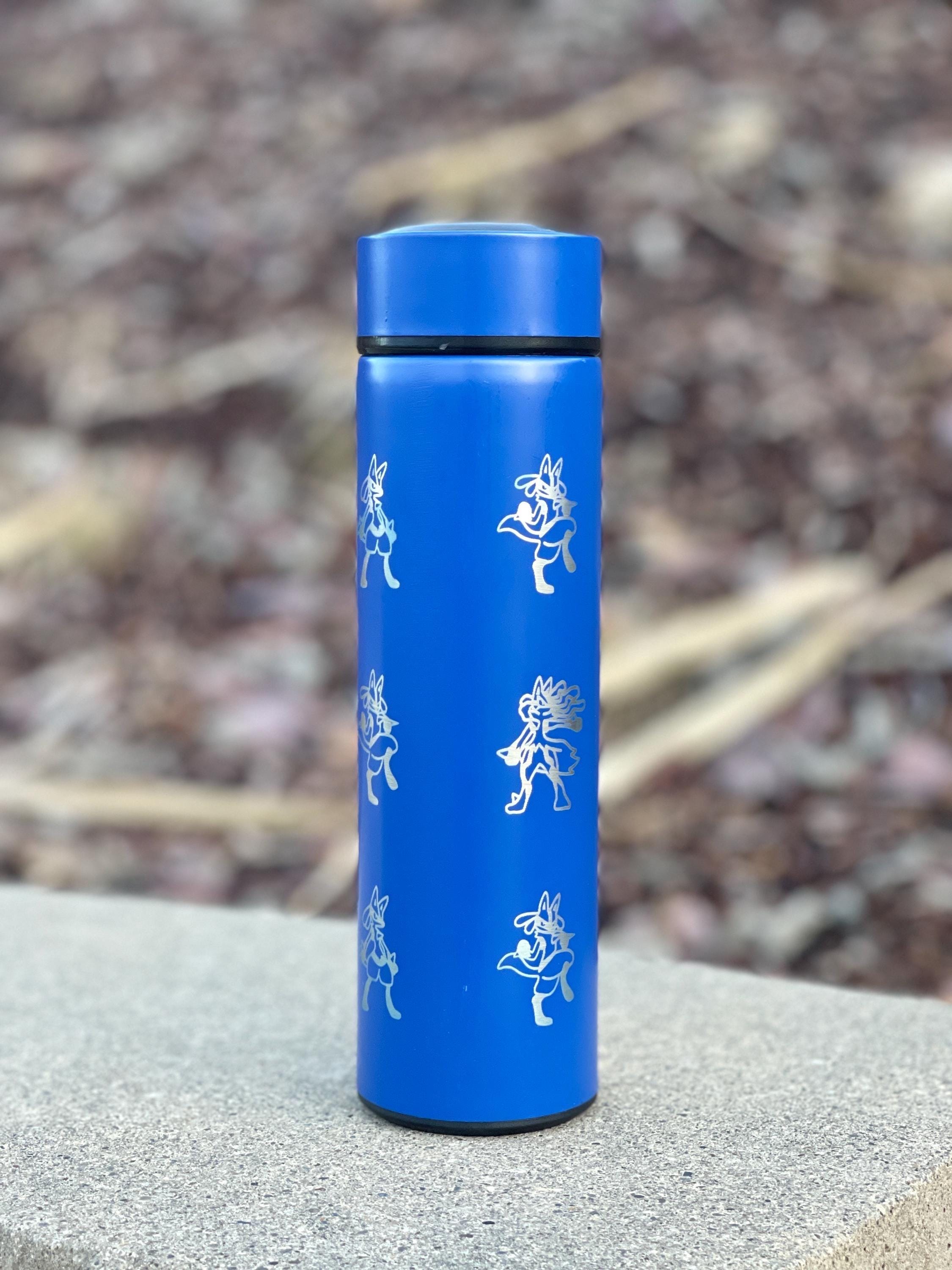 Lucario Coffee Tumbler Tea Infuser Waterbottle with Mega Lucario Aura Sphere, Engraved Water Bottle Thermos, Gamer Anniversary Birthday Gift