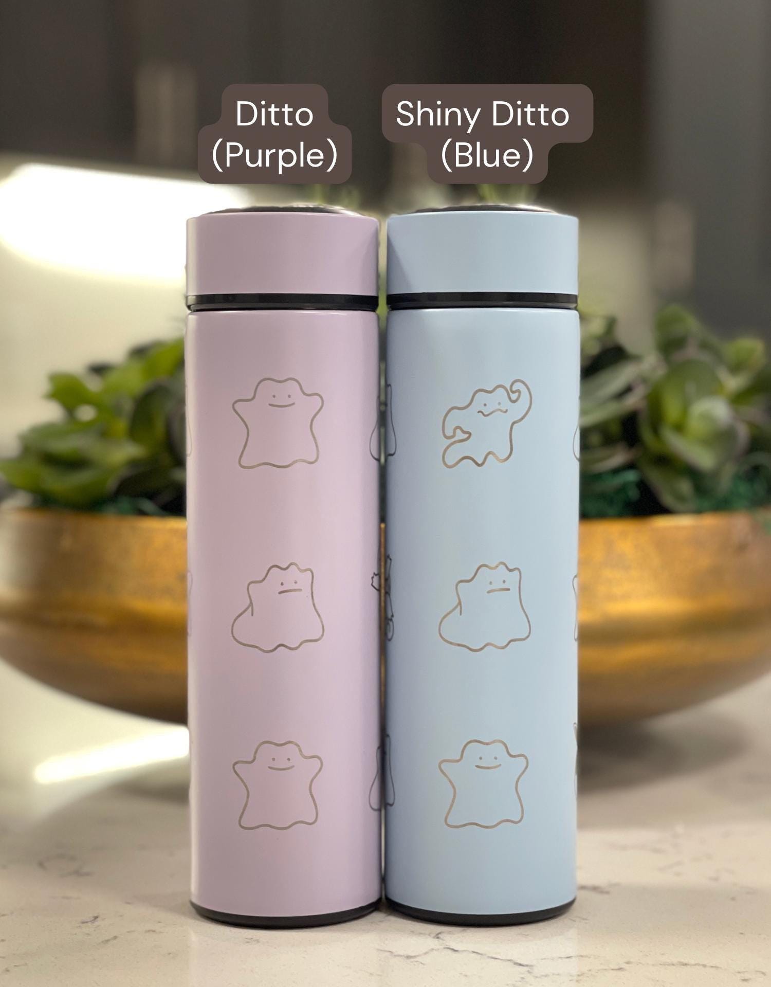 Ditto Coffee Tumbler Shiny Ditto Engraved Tea Infuser Waterbottle with Fake Squirtle and Eevee, Funny Anime Meme Birthday Anniversary Gift