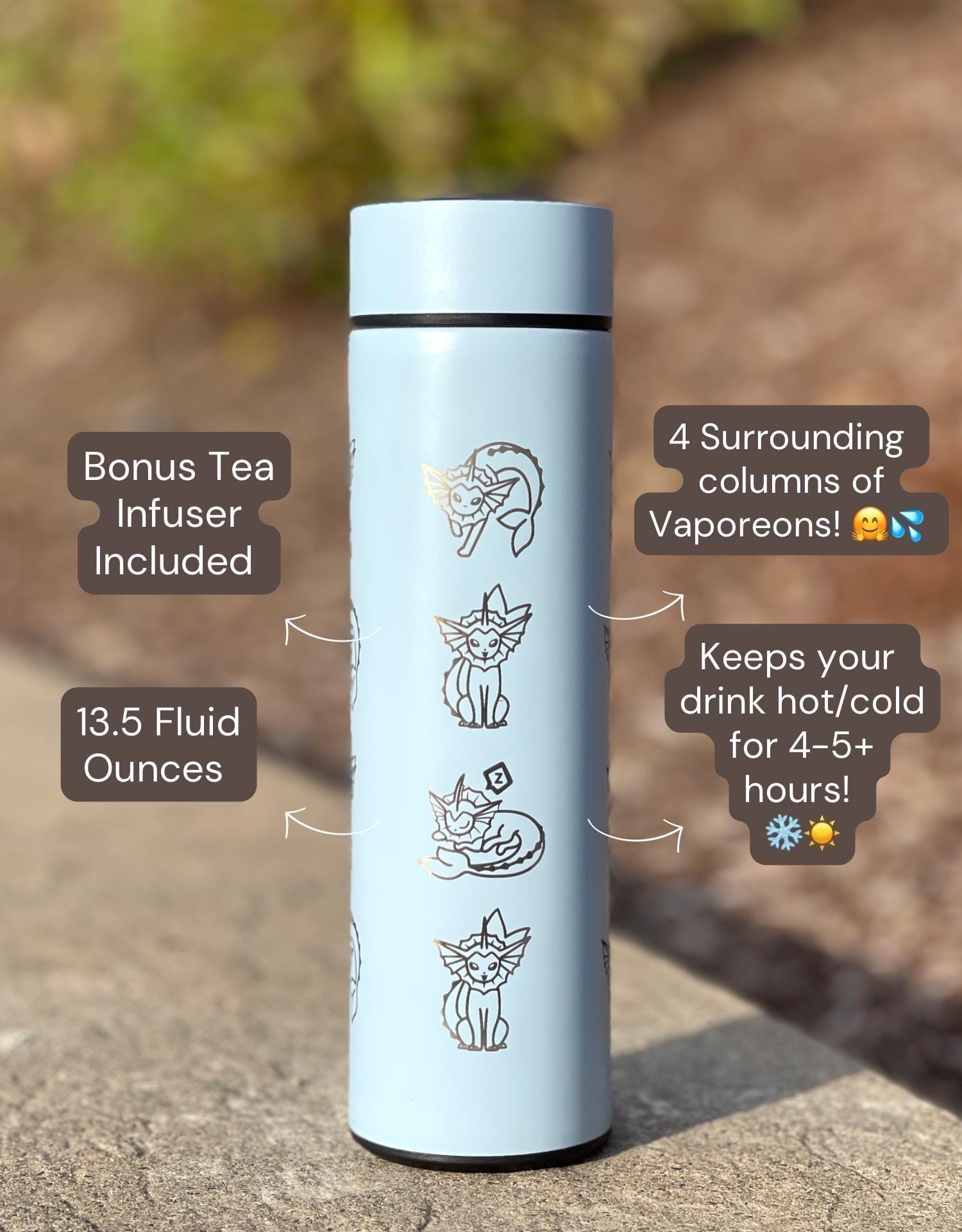 Vaporeon Coffee Tumbler with Tea Infuser, Vaporeon Water Gun & Cafe Top Hat Engraved Waterbottle, Eeveelution Anime Fan Birthday Gift