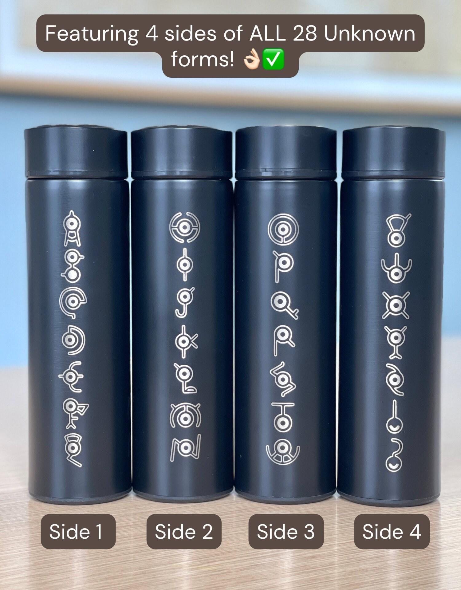 Unown Coffee Tumbler, Engraved “Unown Alphabet” Waterbottle with Tea Infuser, Unknown Anime Fan Travel Mug Cup Water Bottle Flask Gift