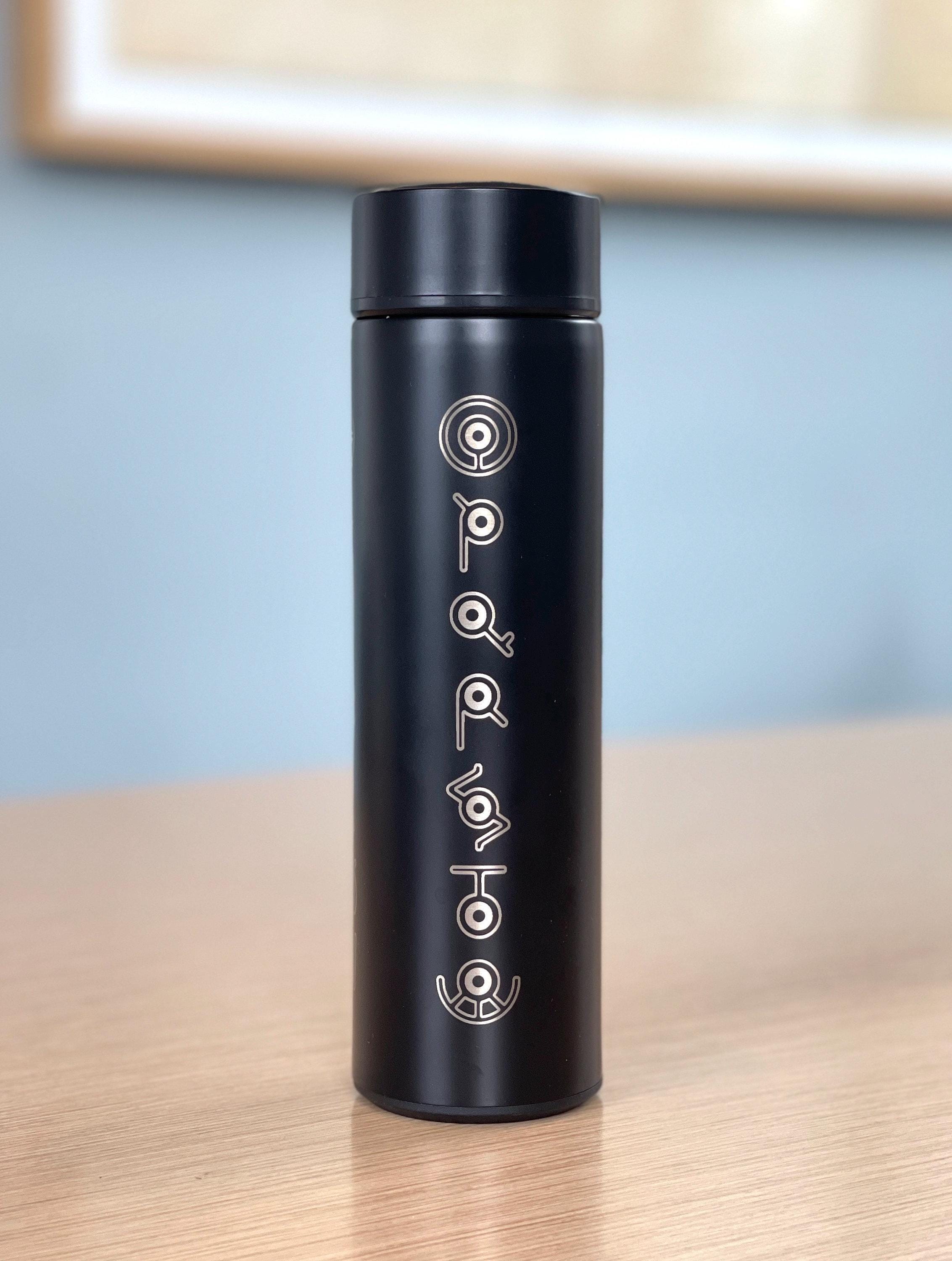 Unown Coffee Tumbler, Engraved “Unown Alphabet” Waterbottle with Tea Infuser, Unknown Anime Fan Travel Mug Cup Water Bottle Flask Gift