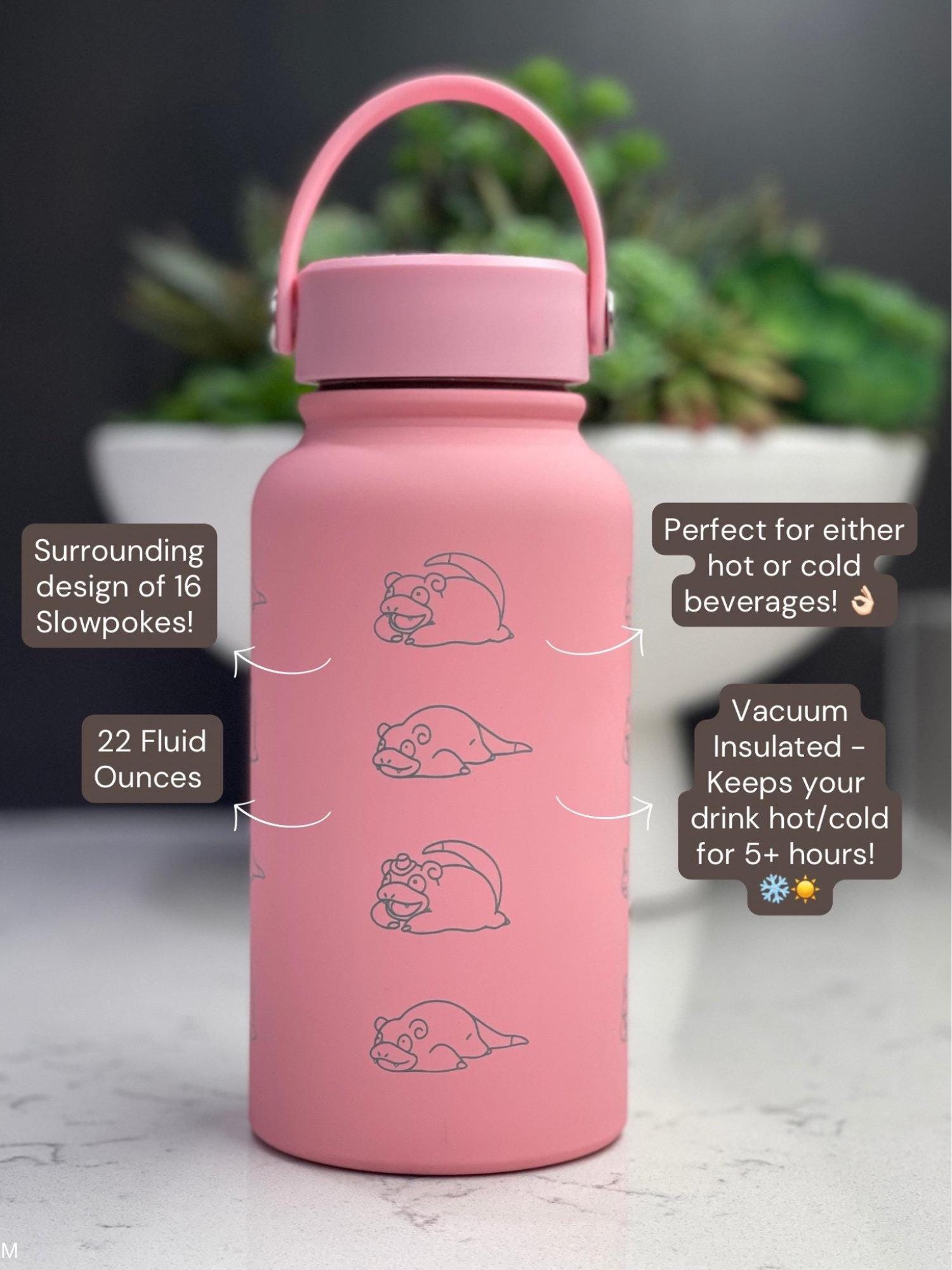 Slowpoke Water Bottle Coffee Tumbler with Galarian Slowpoke and Detective Hat, Engraved Waterbottle Travel Mug Anime Fan Birthday Gift