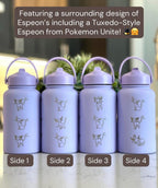 Espeon Straw Water Bottle Engraved Coffee Tumbler with Unite Tuxedo Style & Top Hat Waterbottle, Psychic Eeveelution Anime Fan Birthday Gift