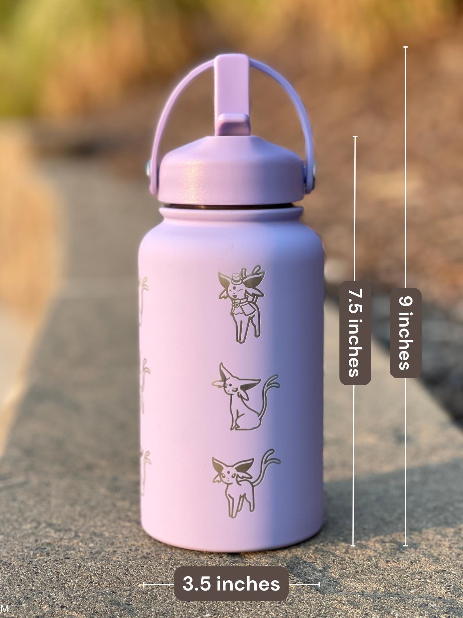 Espeon Straw Water Bottle Engraved Coffee Tumbler with Unite Tuxedo Style & Top Hat Waterbottle, Psychic Eeveelution Anime Fan Birthday Gift