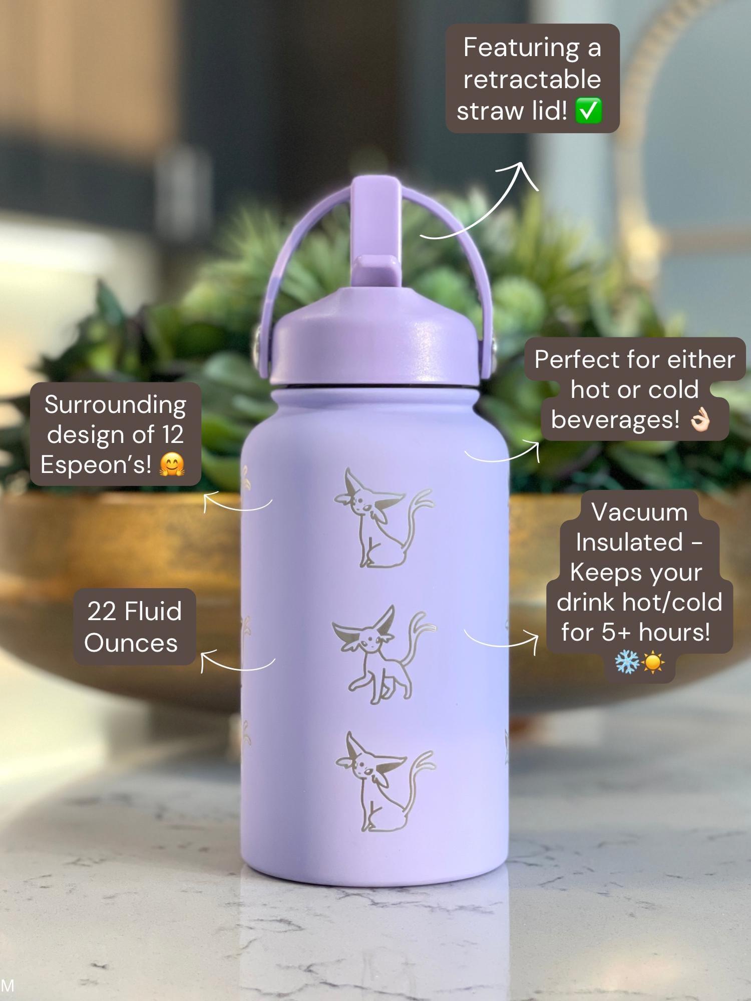 Espeon Straw Water Bottle Engraved Coffee Tumbler with Unite Tuxedo Style & Top Hat Waterbottle, Psychic Eeveelution Anime Fan Birthday Gift