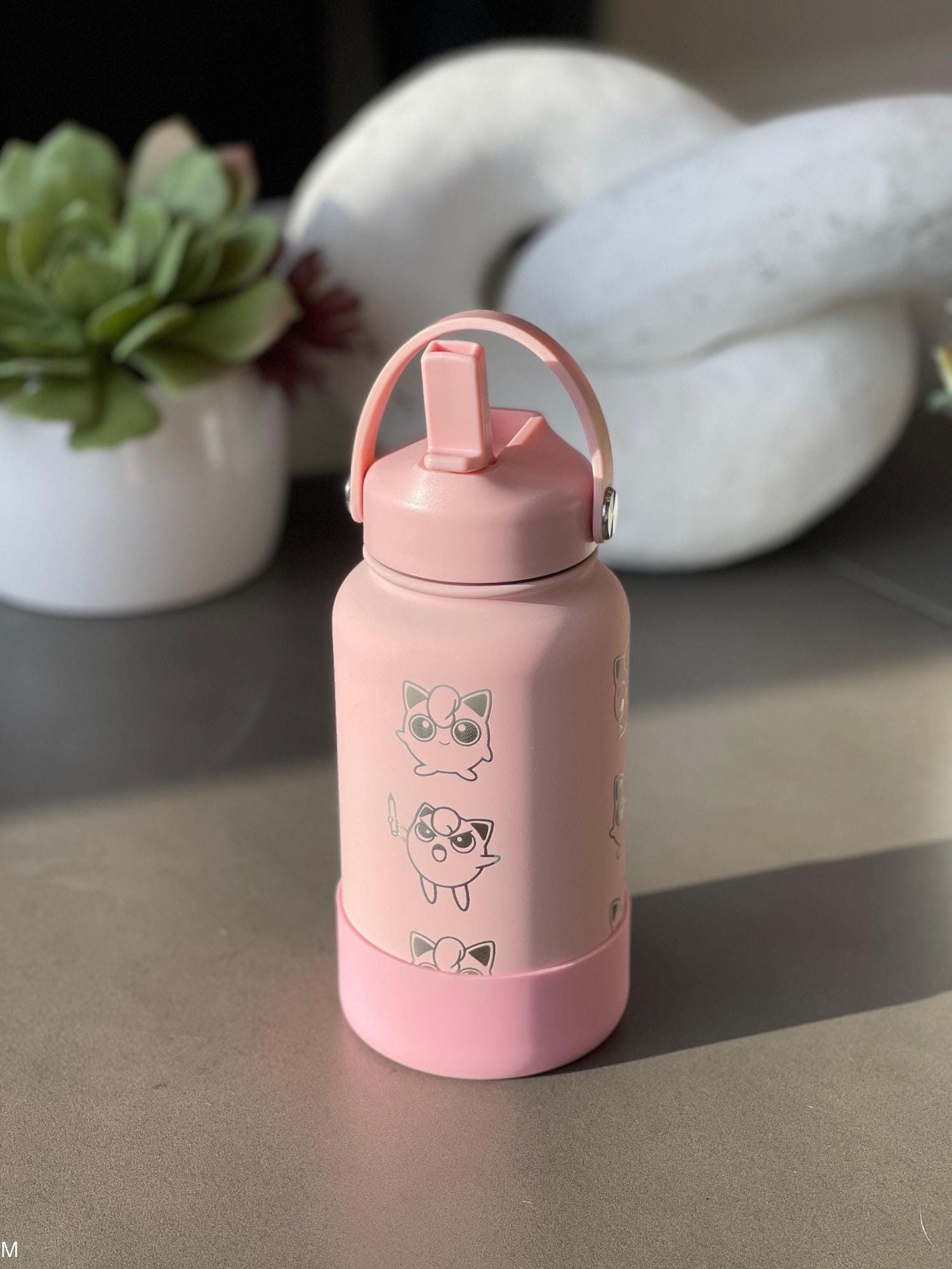 Jigglypuff Waterbottle Coffee Tumbler with Mic Singing and Angry Jigglypuff with Marker, Funny Cute Anime Travel Mug Cup Birthday Gifts