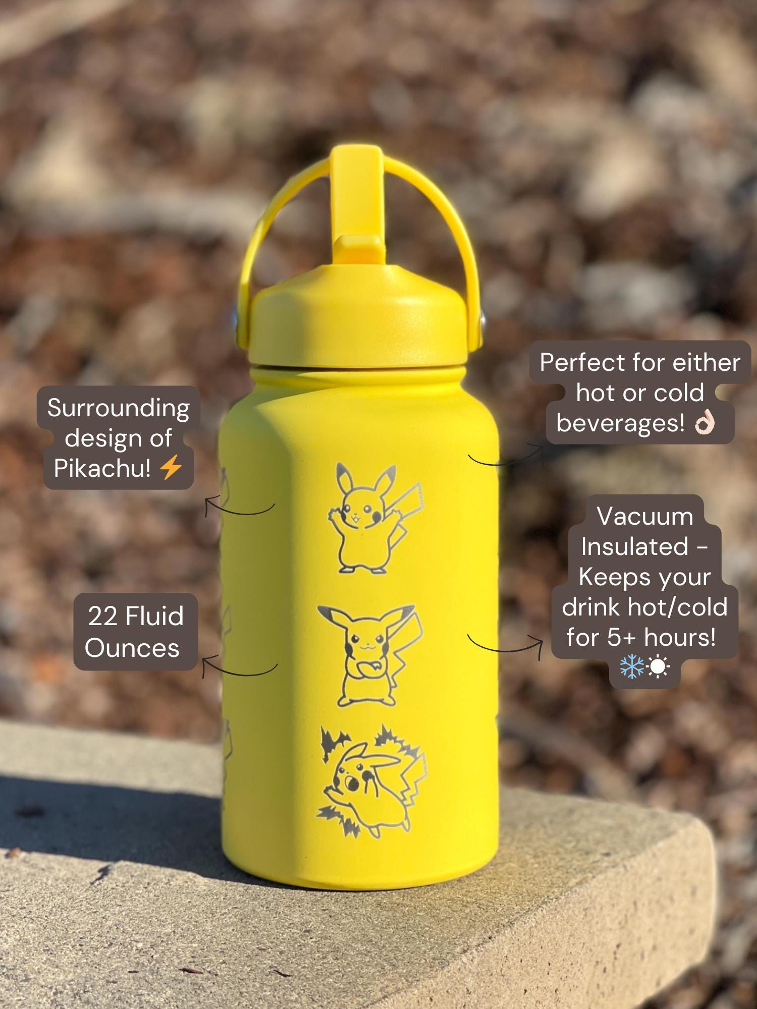 Pikachu Water Bottle with Captain & Detective Pikachu Volt Tackle, Engraved Waterbottle Coffee Tumbler Thermos, Anime Fan Birthday Gift