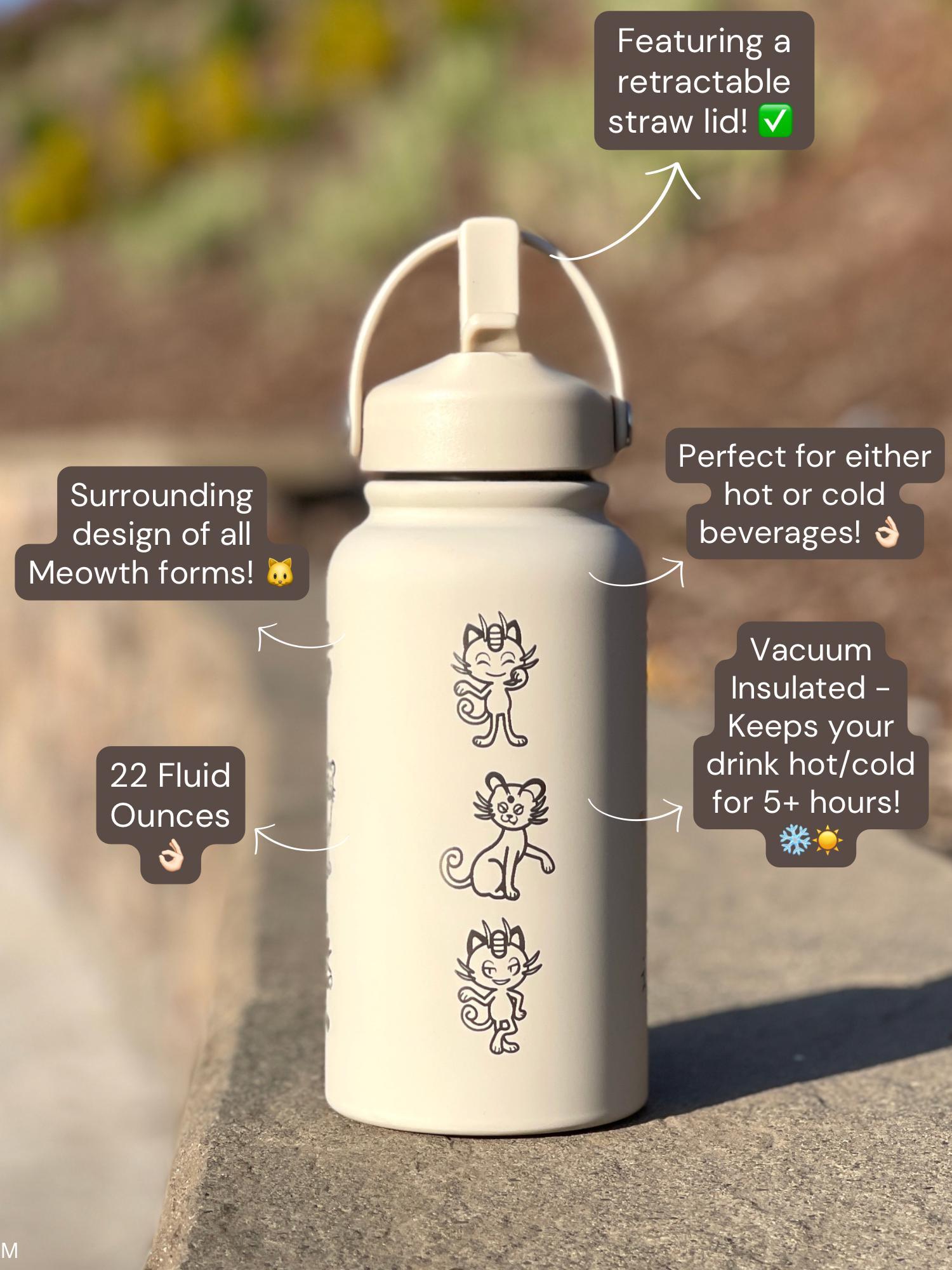 Meowth Persian Water Bottle Engraved Coffee Tumbler with Perrserker Alolan Galarian & Gigantamax Versions, Team Rocket Waterbottle Gift