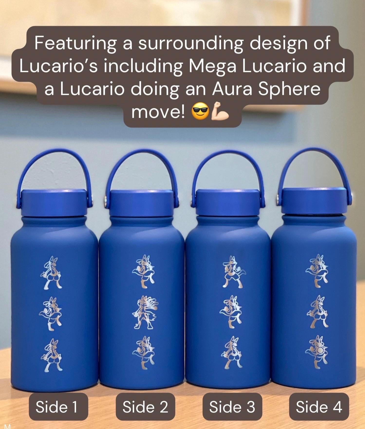 Lucario Water Bottle Engraved Coffee Tumbler with Mega Lucario and Aura Sphere, Tea Thermos Waterbottle, Sinnoh Anime Fan Birthday Gift