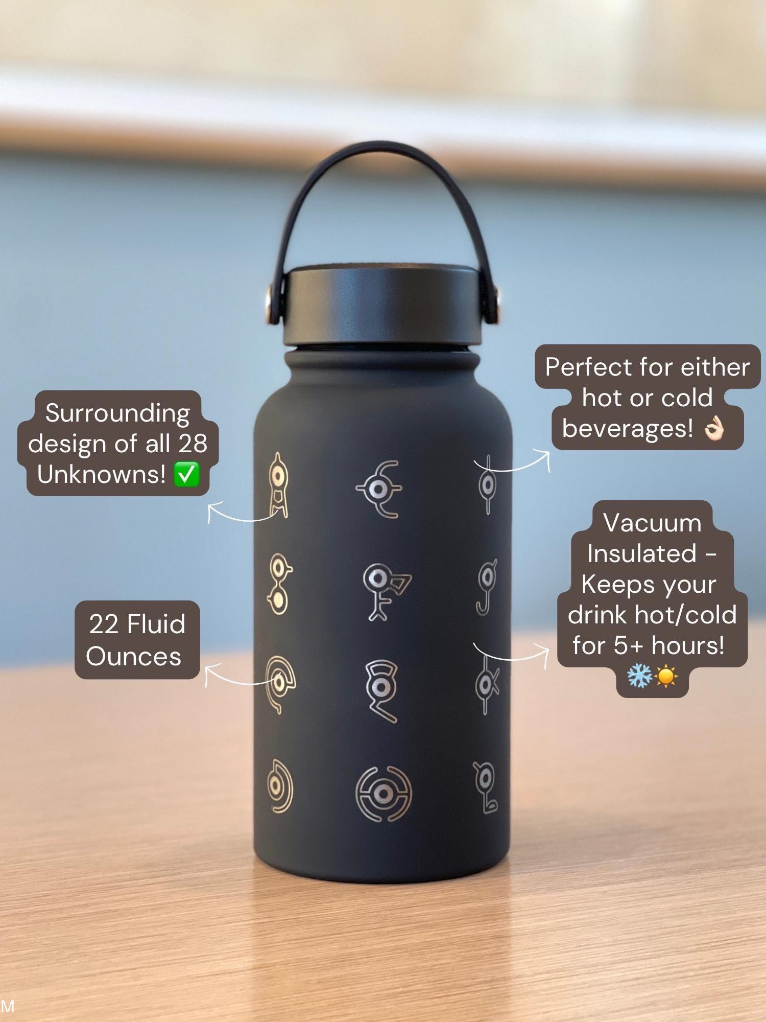 Unown Alphabet Water Bottle, Engraved “28 Unowns” Waterbottle Coffee Tumbler, Unknown Anime Fan Birthday Thermos Travel Mug Flask Gift