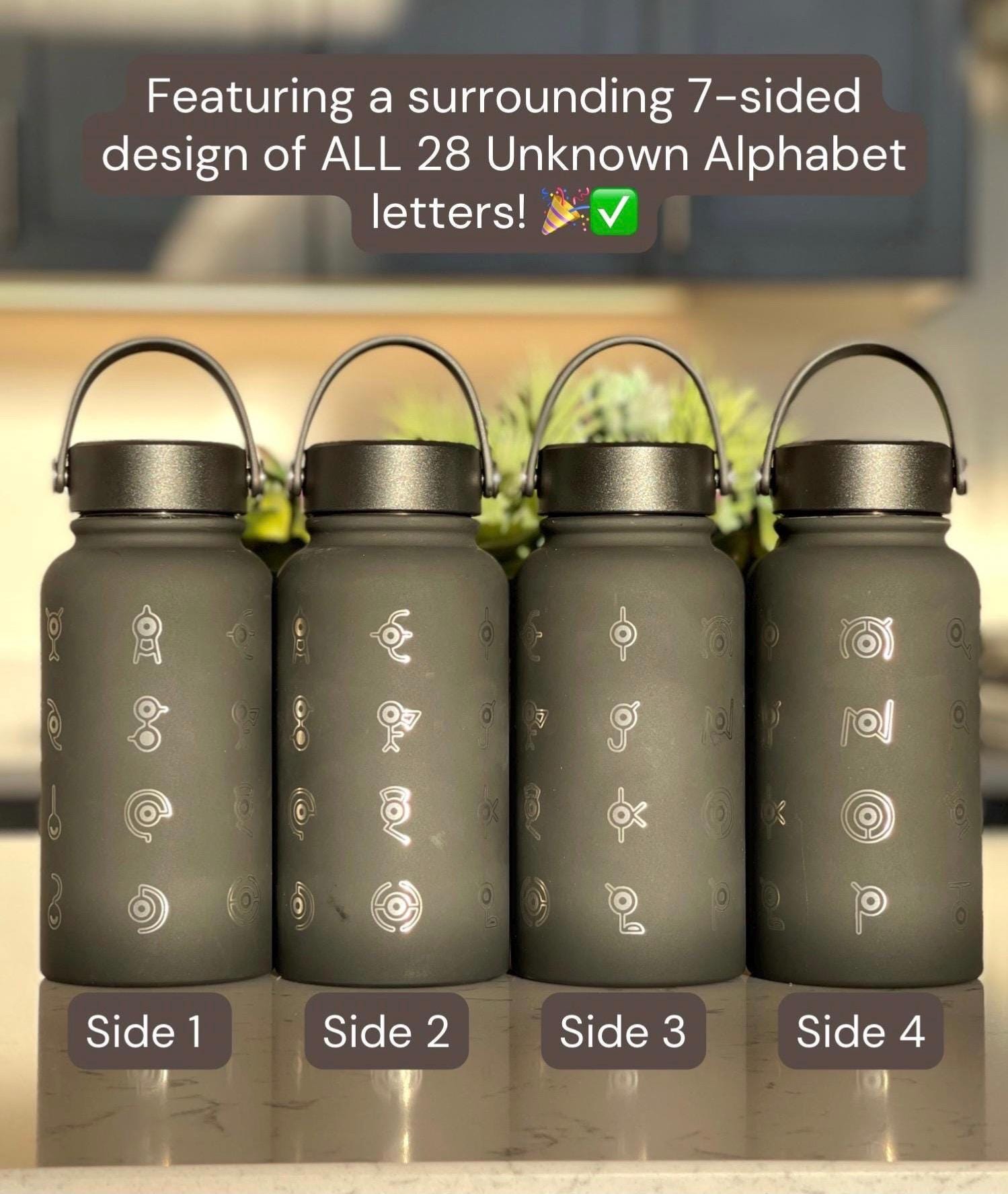 Unown Alphabet Water Bottle, Engraved “28 Unowns” Waterbottle Coffee Tumbler, Unknown Anime Fan Birthday Thermos Travel Mug Flask Gift