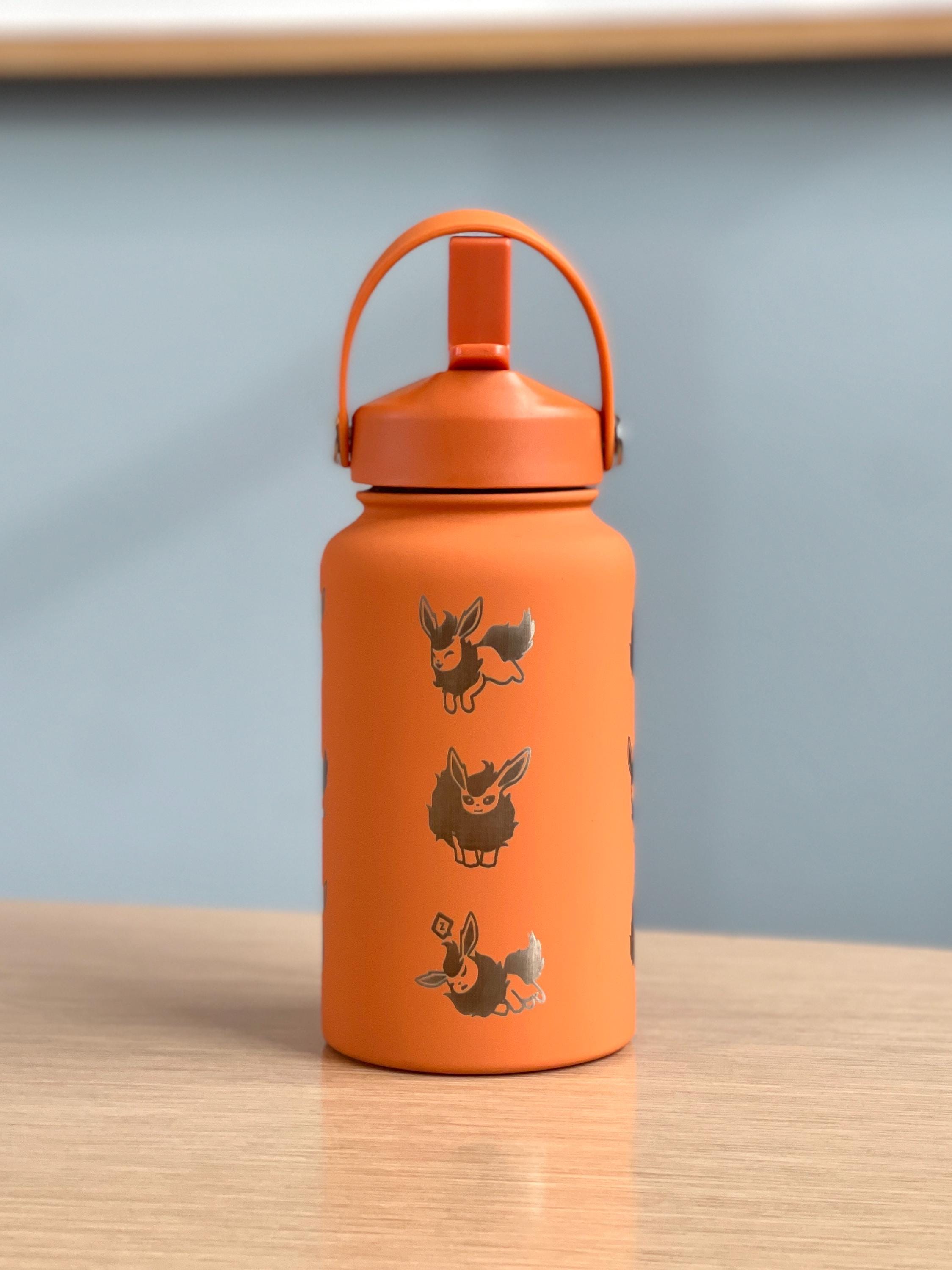 Flareon Water Bottle Engraved Coffee Tumbler with Cafe Top Hat and Flamethrower, Eevee Fire Evolution Waterbottle, Anime Fan Birthday Gift