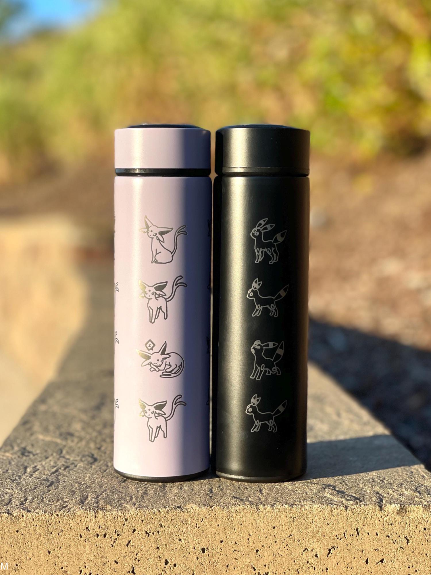 Umbreon coffee tumbler with tea infuser, umbreon espeon travel mug set, cute eevee evolution eeveelutions waterbottle thermos gift