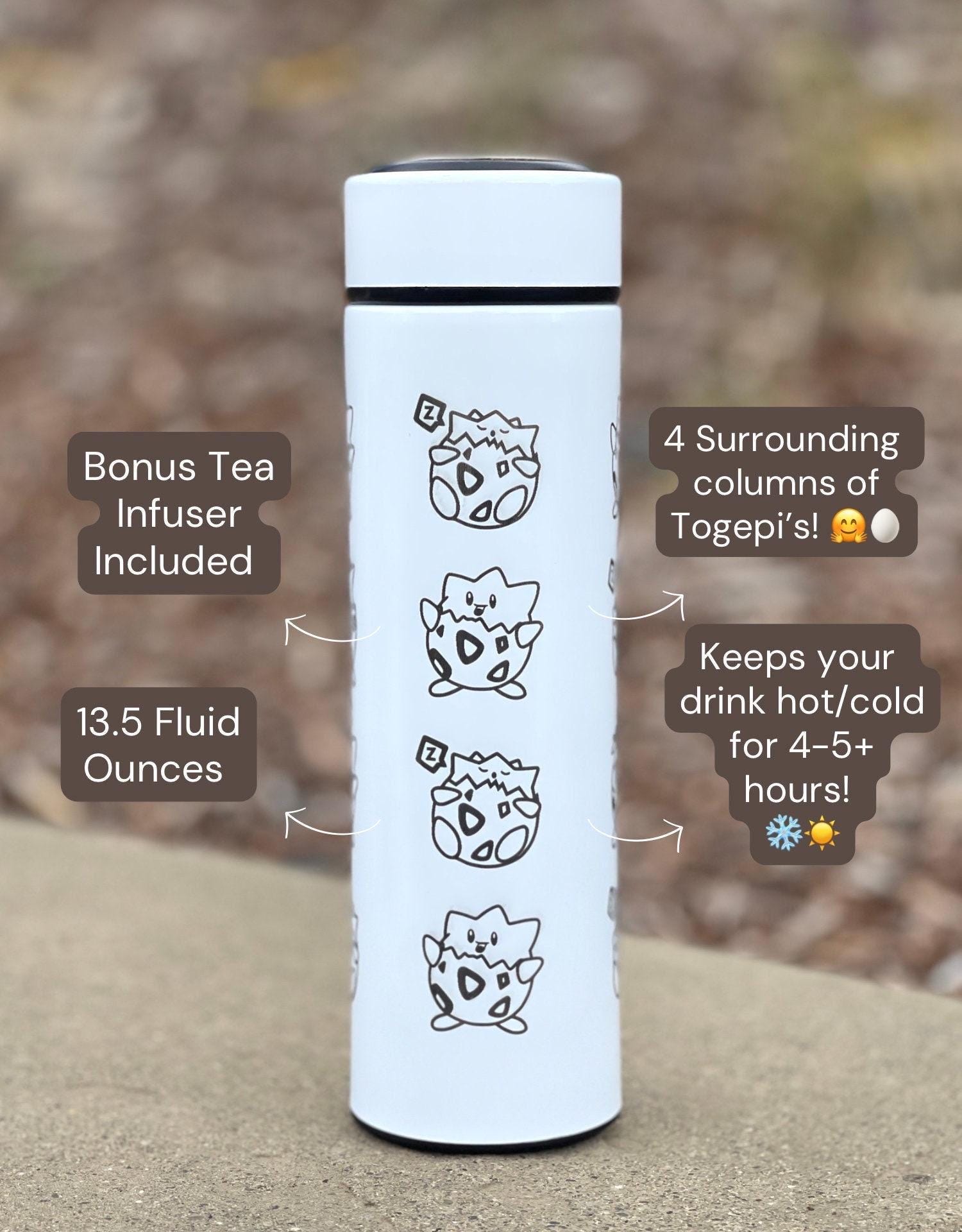 Togepi Engraved Coffee Tumbler with Tea Infuser, Crying & Angry Togepi with Banana, Funny Cute Anime Waterbottle Travel Mug Gift