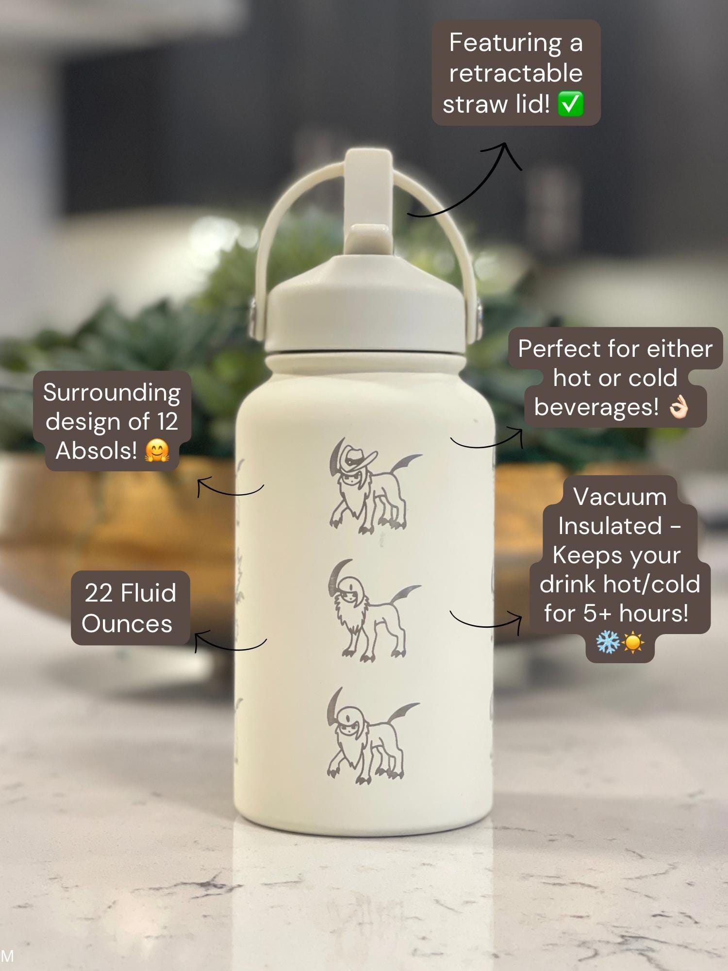 Absol Water Bottle Engraved Coffee Tumbler with Mega Absol & Sleeping Absol, Engraved Waterbottle, Gamer Travel Mug Thermos Birthday Gift