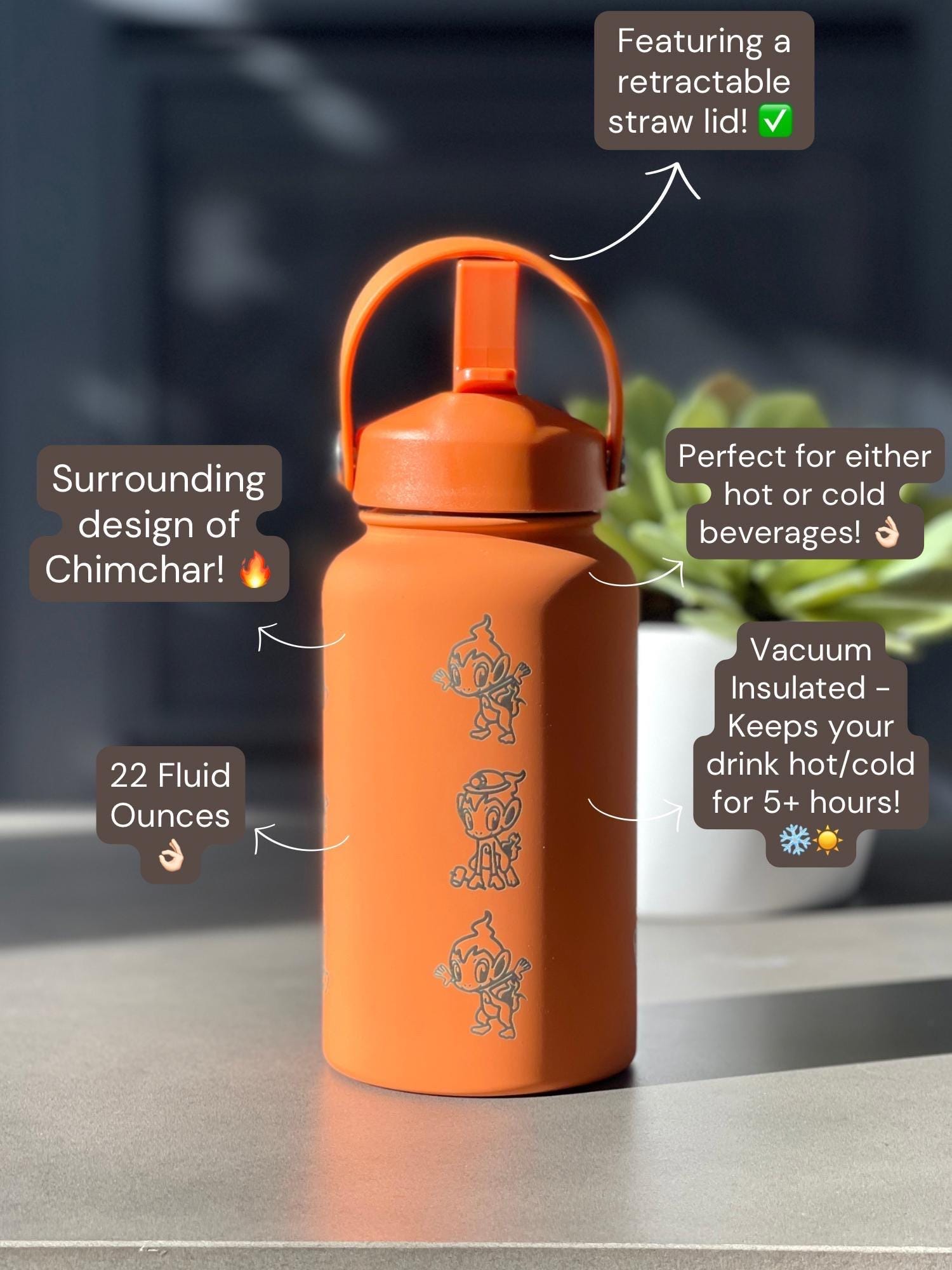 Chimchar Water Bottle Engraved Coffee Tumbler  Cafe Remix Costume, Sinnoh Starter Waterbottle Travel Mug Thermos, Anime Fan Birthday Gift