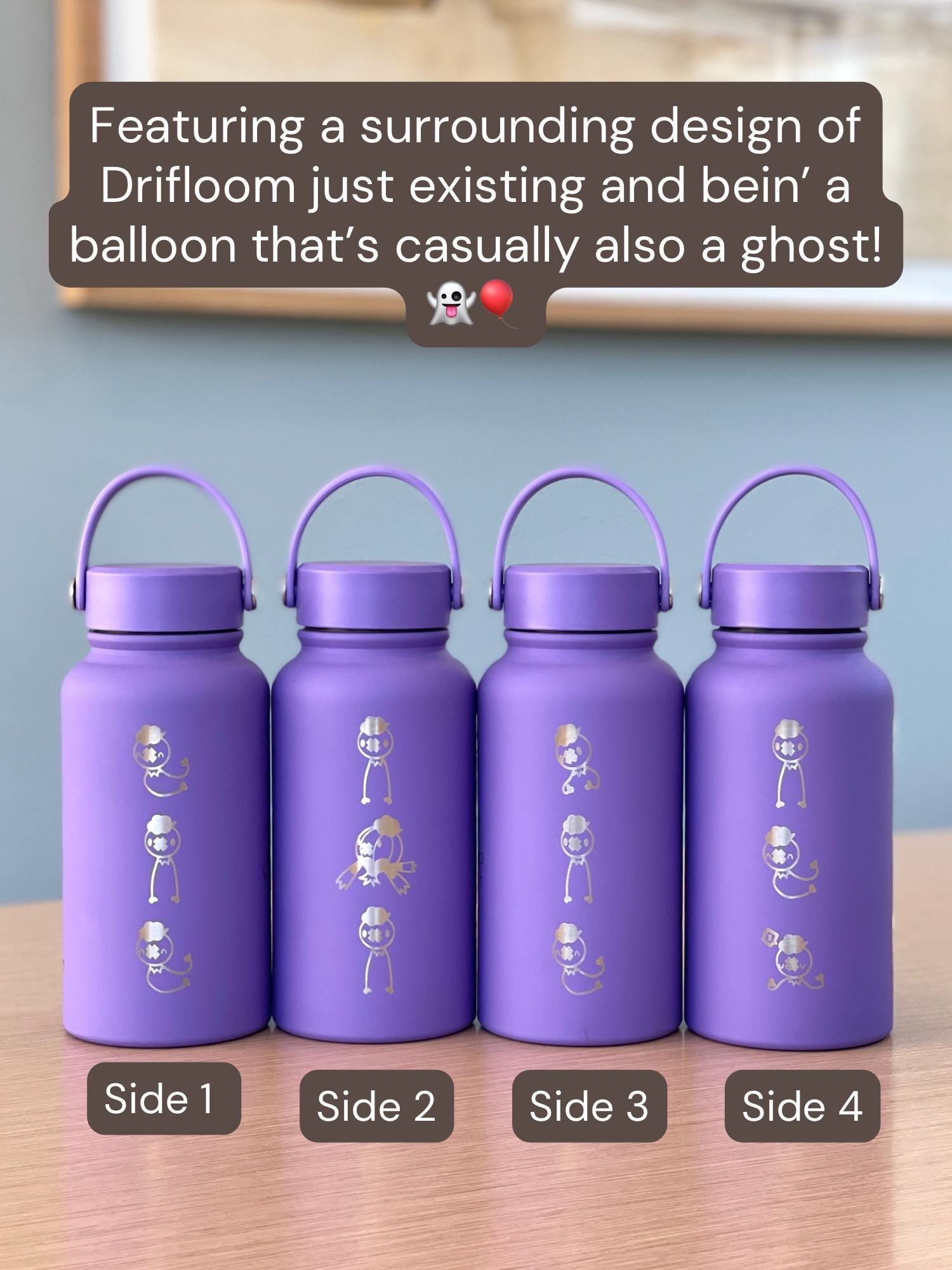 Drifloon Drifblim Water Bottle Engraved Coffee Tumbler with Sleeping Drifloon, Ghost Balloon Waterbottle Thermos, Anime Fan Anniversary Gift
