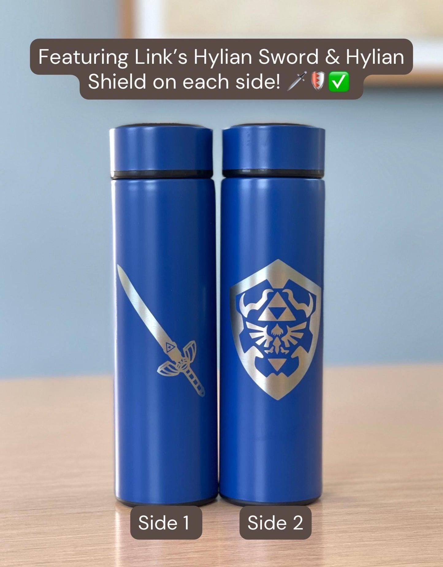 Zelda Hylian Shield + Sword Link Coffee Tumbler Tea Infuser, Tears of the Kingdom Water Bottle, Travel Mug Gamer Birthday Anniversary Gift