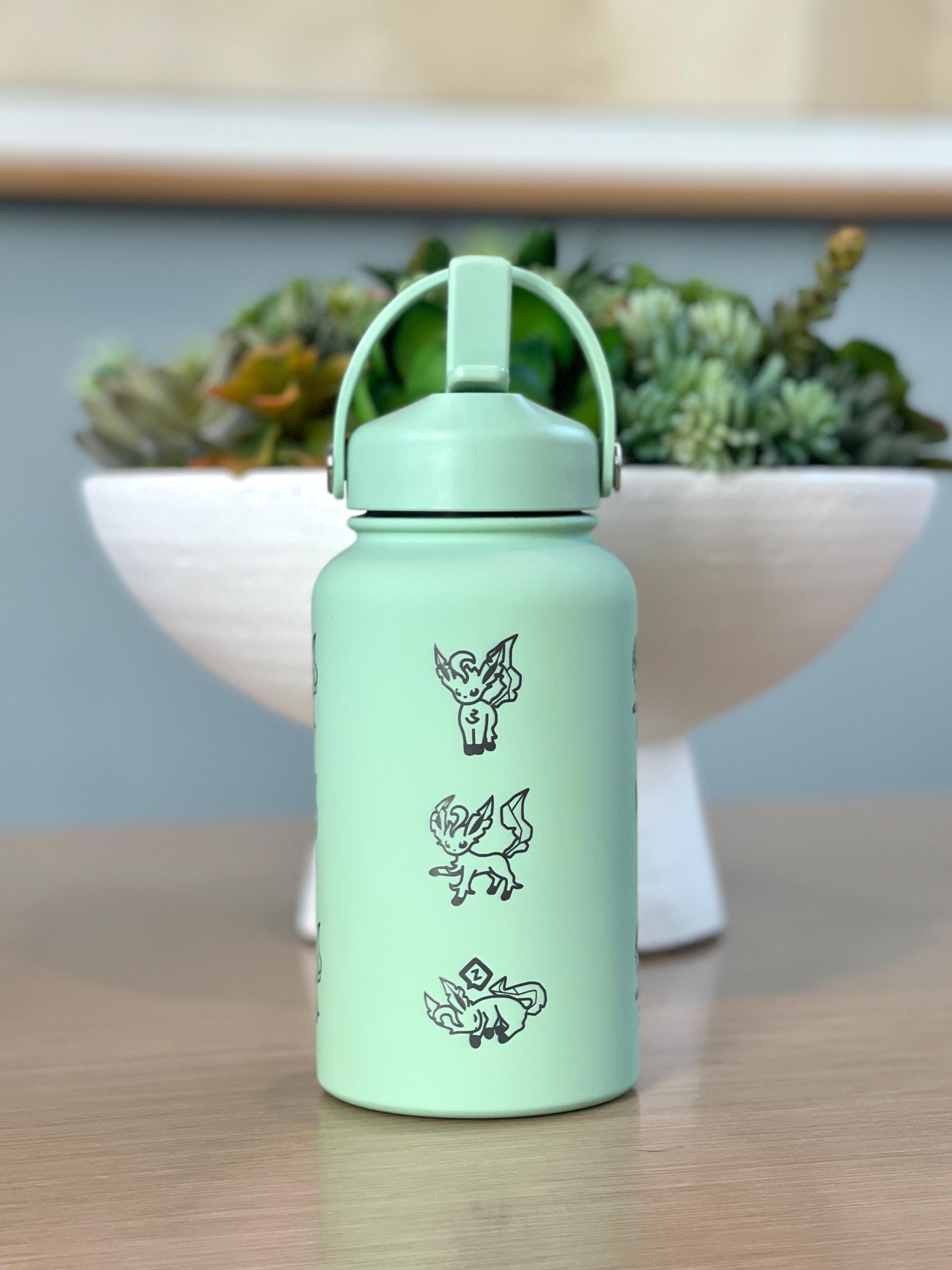 Leafeon Water Bottle Engraved Coffee Tumbler Razor Leaf & Flower Crown Costume Waterbottle, Eeveelution Anime Fan Birthday Thermos Gift