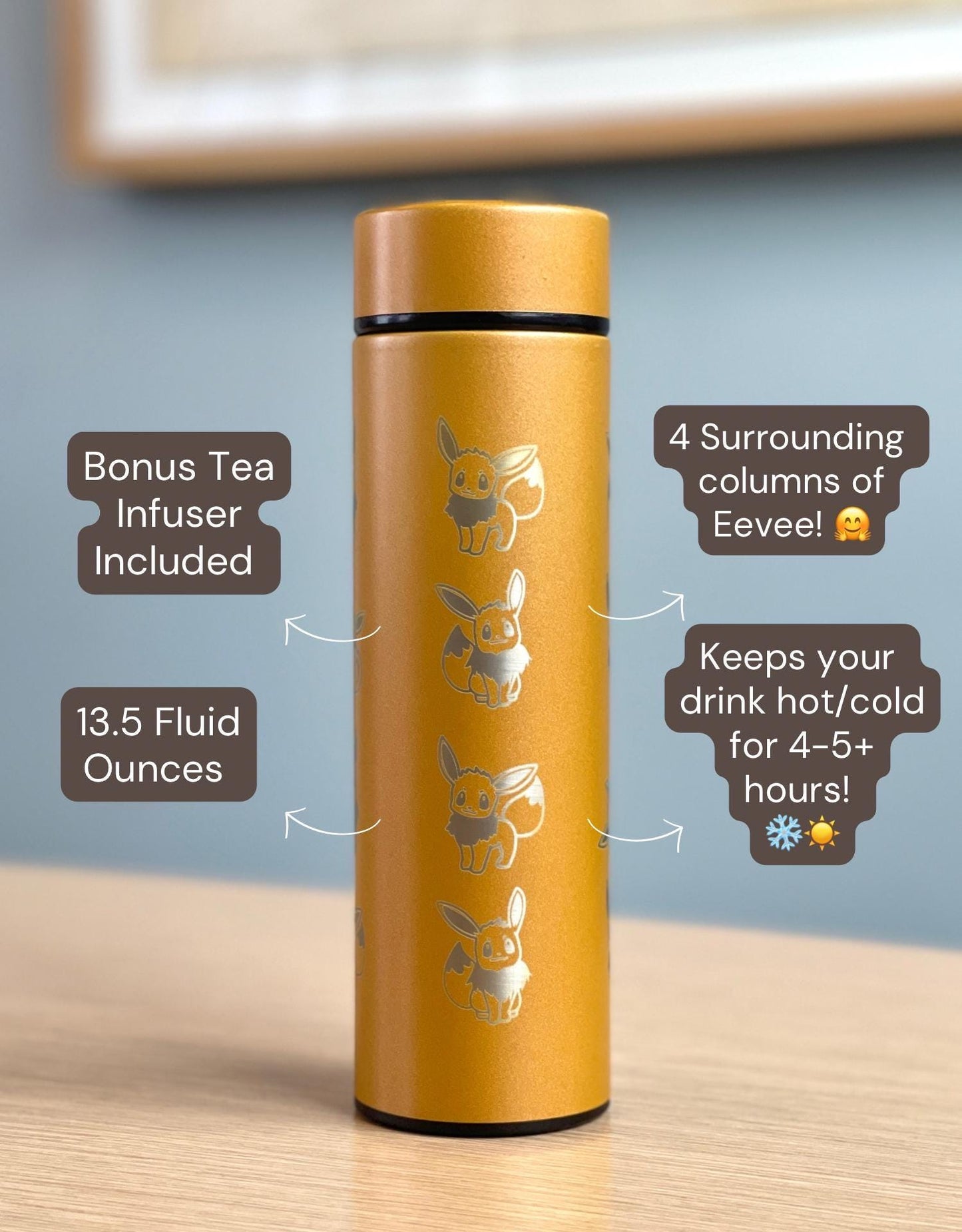 Eevee Coffee Tumbler with Tea Infuser, Engraved Shiny Eevee Water Bottle Gigantamax & Lana’s Sandy Eevee Thermos, Eeveelution Anime Fan Gift