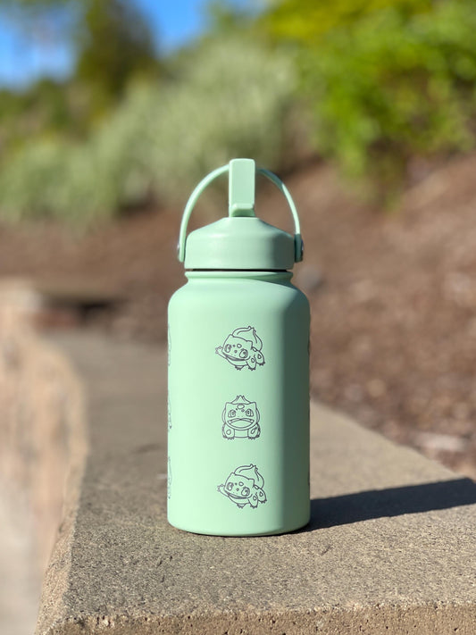 Bulbasaur Water Bottle Engraved Coffee Tumbler, Grass Kanto Starter Waterbottle Thermos Travel Mug Flask, Anime Fan Birthday Gift