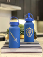 Zelda Hylian Shield & Sword Link Water Bottle, Breath of the Wild Coffee Tumbler, Gamer Birthday Anniversary Travel Mug Thermos Flask Gift
