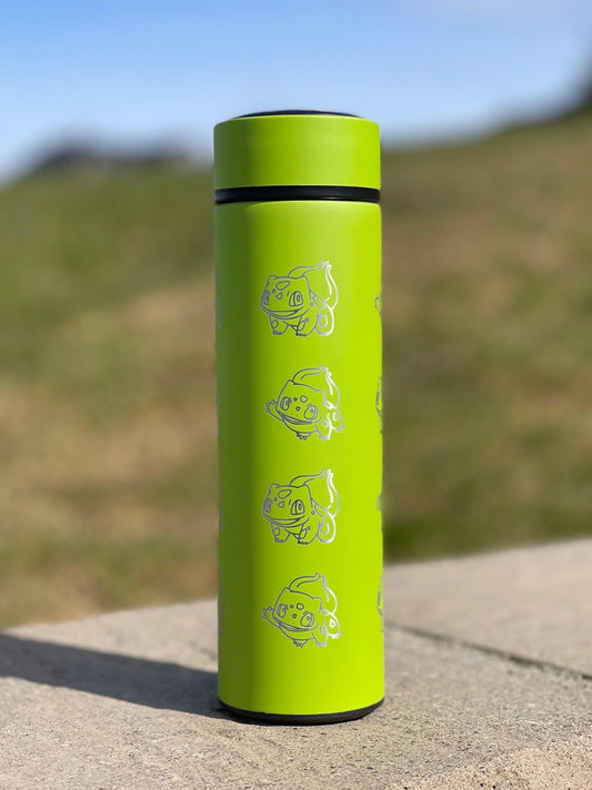 Bulbasaur Coffee Tumbler with Tea Infuser, Kanto Grass Starter Travel Cup Mug, Anime Gamer Fan Birthday Water Bottle Gift