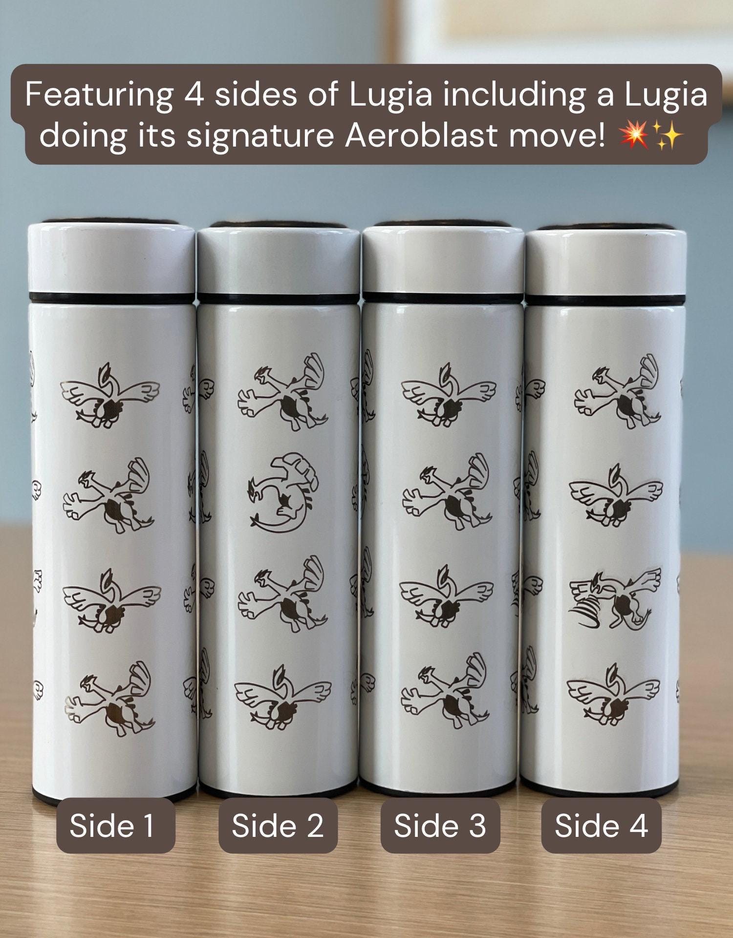 Lugia Coffee Tumbler Engraved Waterbottle with Tea Infuser, Aeroblast Move, Johto Legendary Pokemon Gale of Darkness Travel Mug Cup Gift