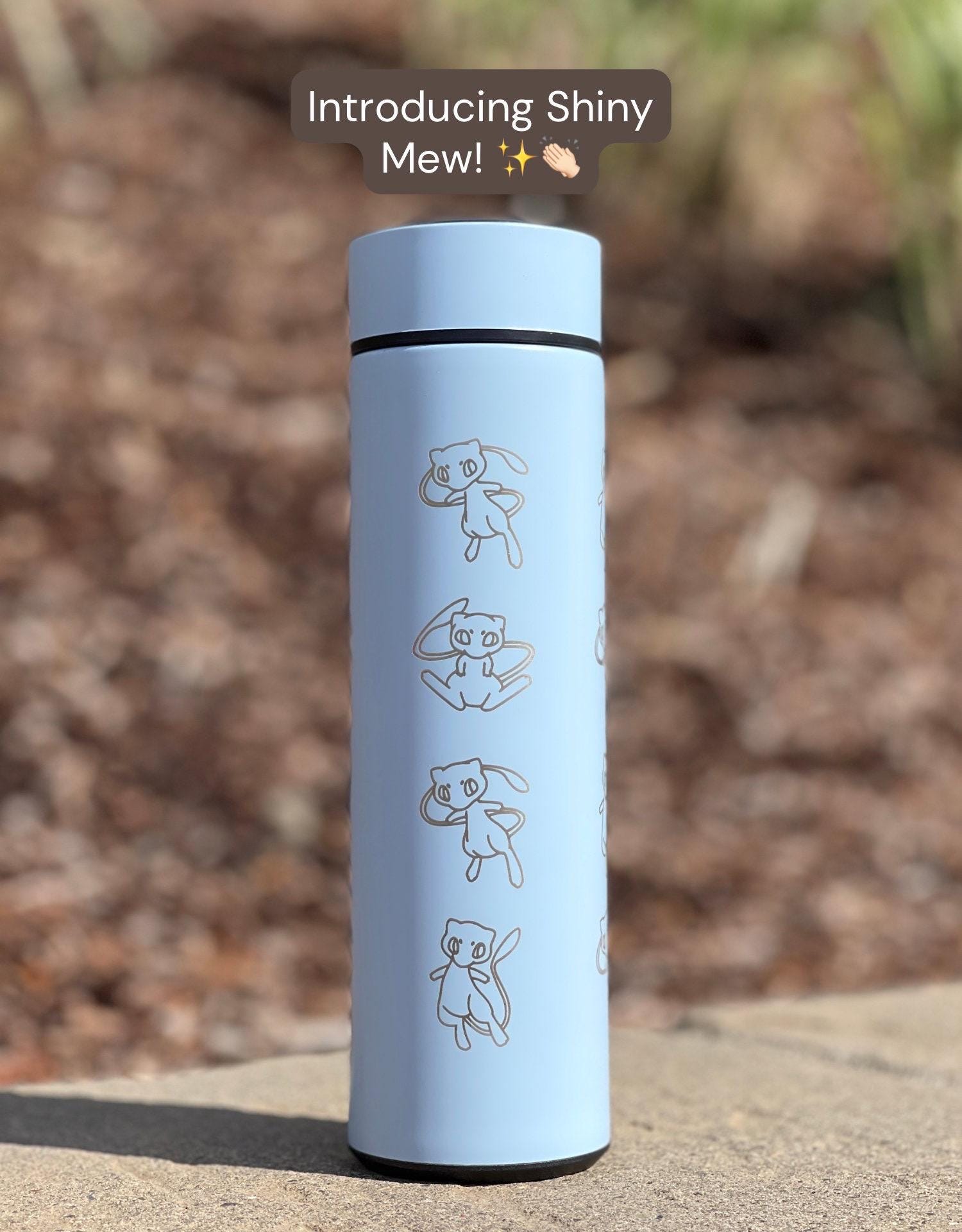 Mew Coffee Tumbler with Ash Ketchum’s Hat, Shiny Mew Water Bottle with Tea Infuser, Psychic Mythical Travel Mug Flask Gift
