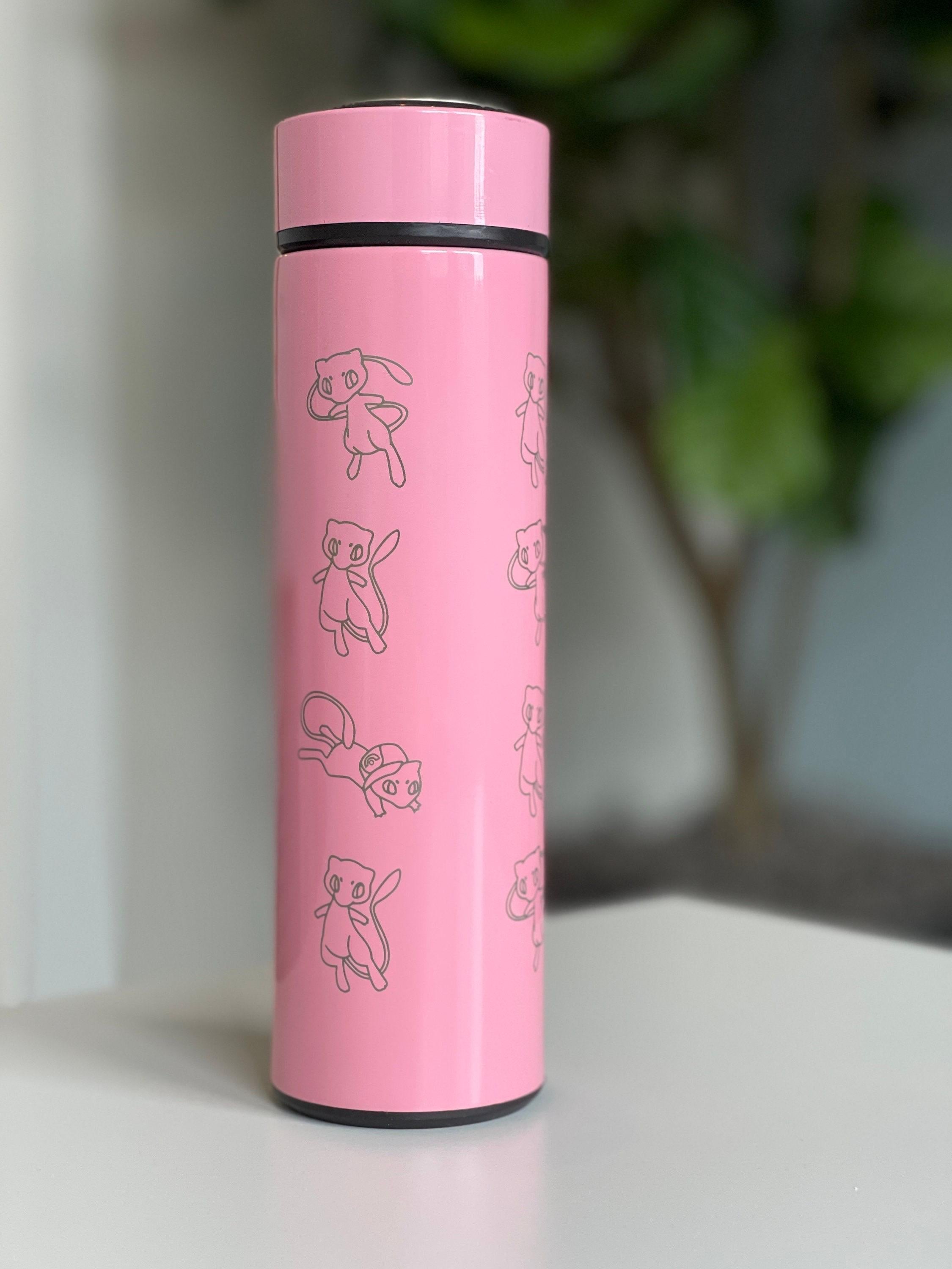 Mew Coffee Tumbler with Ash Ketchum’s Hat, Shiny Mew Water Bottle with Tea Infuser, Psychic Mythical Travel Mug Flask Gift