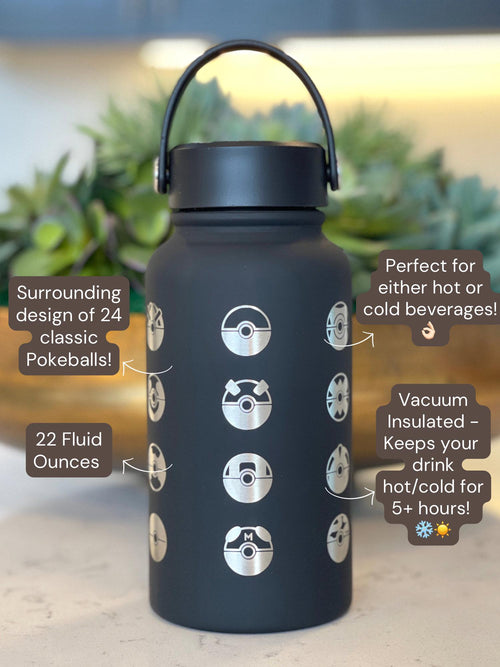 24 Classic Pokeballs Water Bottle Engraved Tumbler, Gamer Anime Fan Coffee Tea Travel Mug, Waterbottle Thermos Drink Birthday Gift