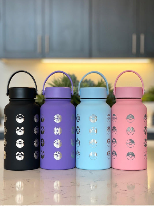 24 Classic Pokeballs Water Bottle Engraved Tumbler, Gamer Anime Fan Coffee Tea Travel Mug, Waterbottle Thermos Drink Birthday Gift