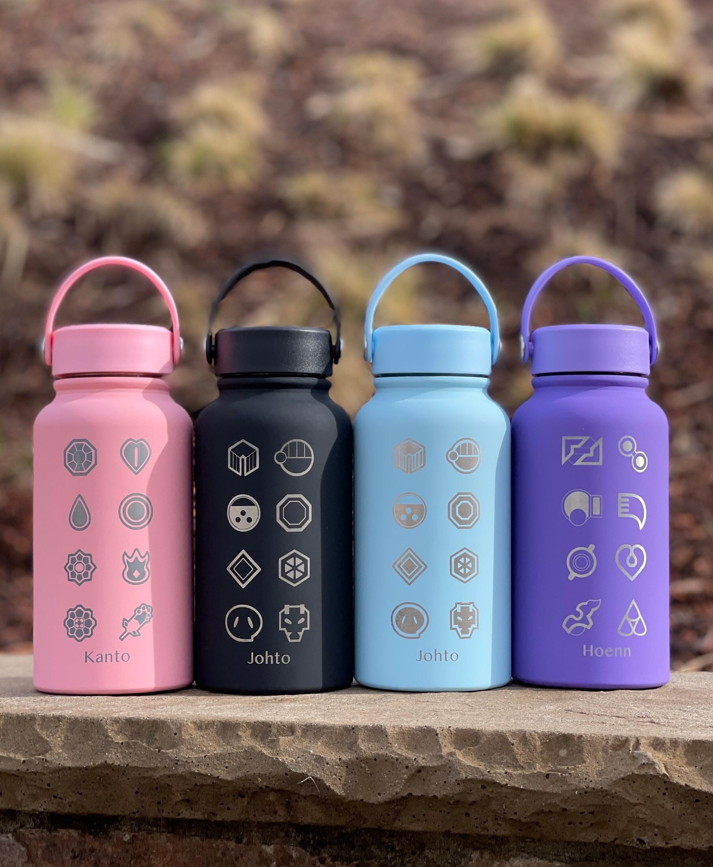 Kanto Johto Hoenn Gym Badges Water Bottle Engraved Coffee Tea Tumbler Travel Cup Waterbottle, Gamer Anime Anniversary Birthday Gift