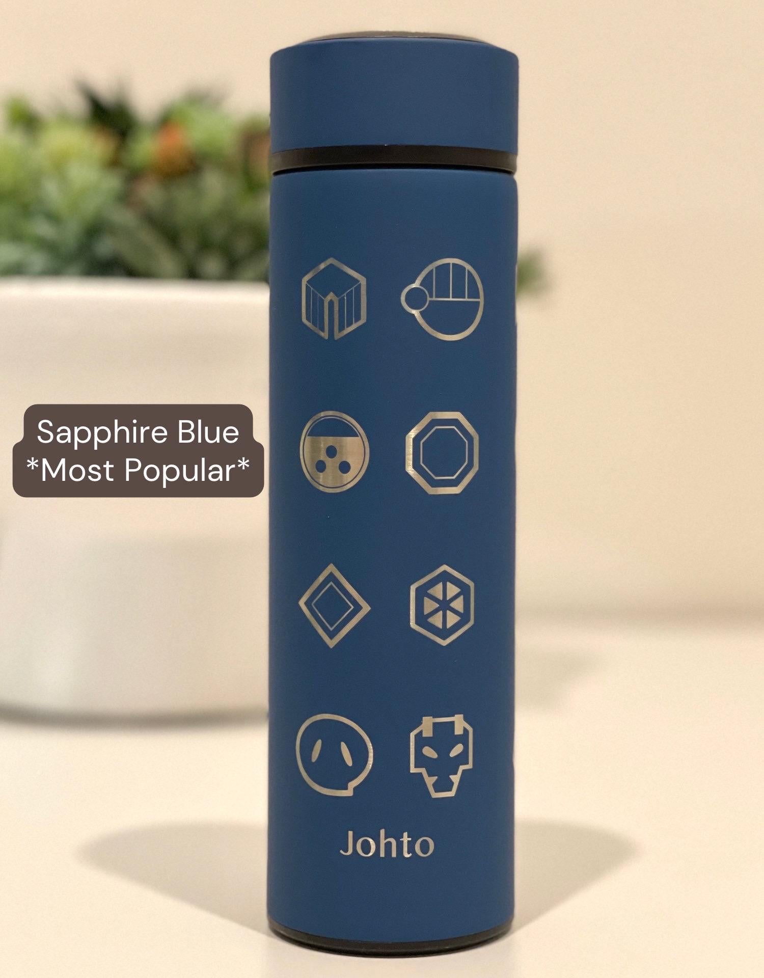 Kanto Johto Hoenn Gym Badges Tumbler Water Bottle with Tea Infuser Coffee Travel Cup Mug, Gamer Anime Waterbottle Birthday Gifts