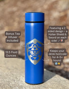 Zelda Hylian Shield + Sword Link Coffee Tumbler Tea Infuser, Tears of the Kingdom Water Bottle, Travel Mug Gamer Birthday Anniversary Gift