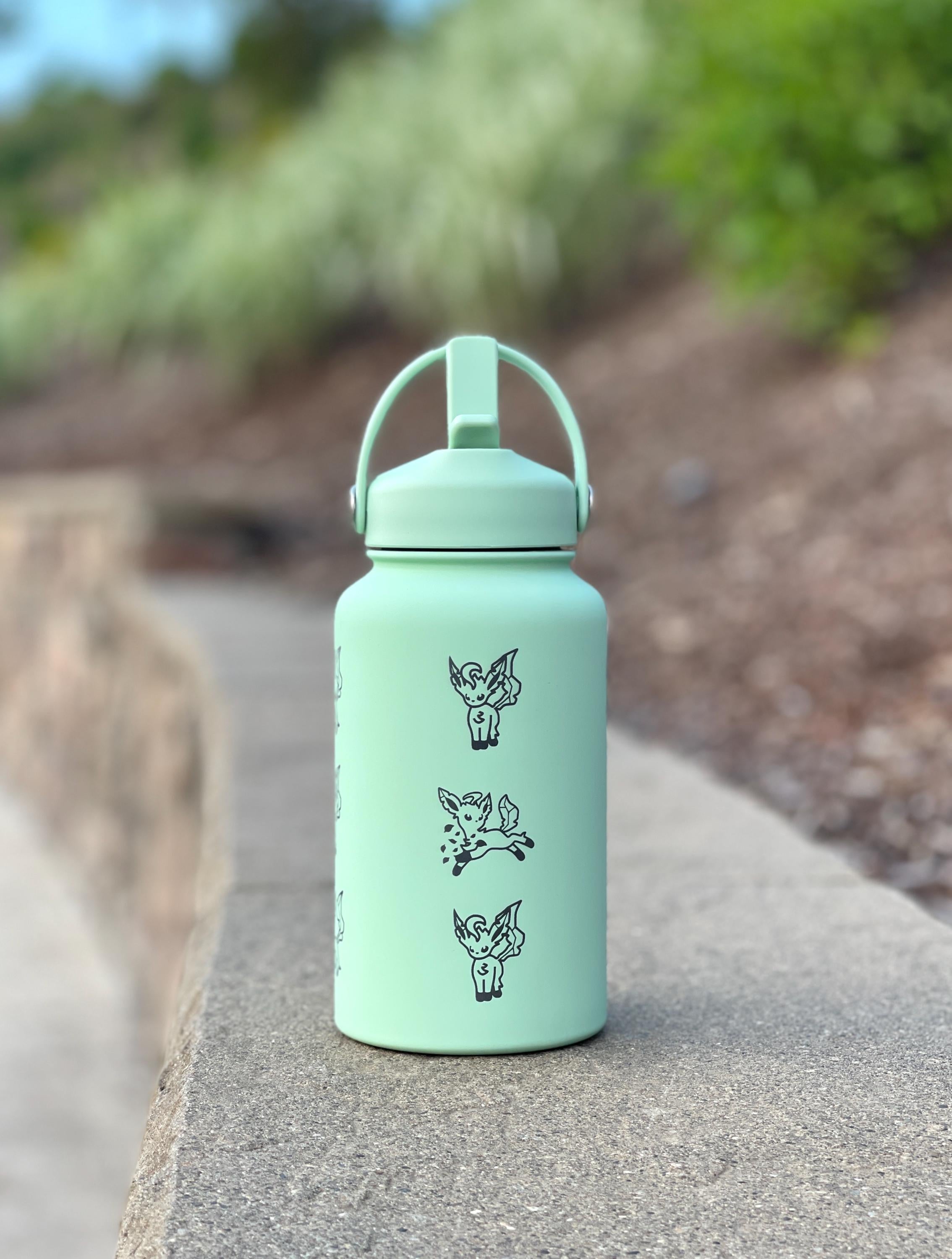 Leafeon Water Bottle Engraved Coffee Tumbler Razor Leaf & Flower Crown Costume Waterbottle, Eeveelution Anime Fan Birthday Thermos Gift