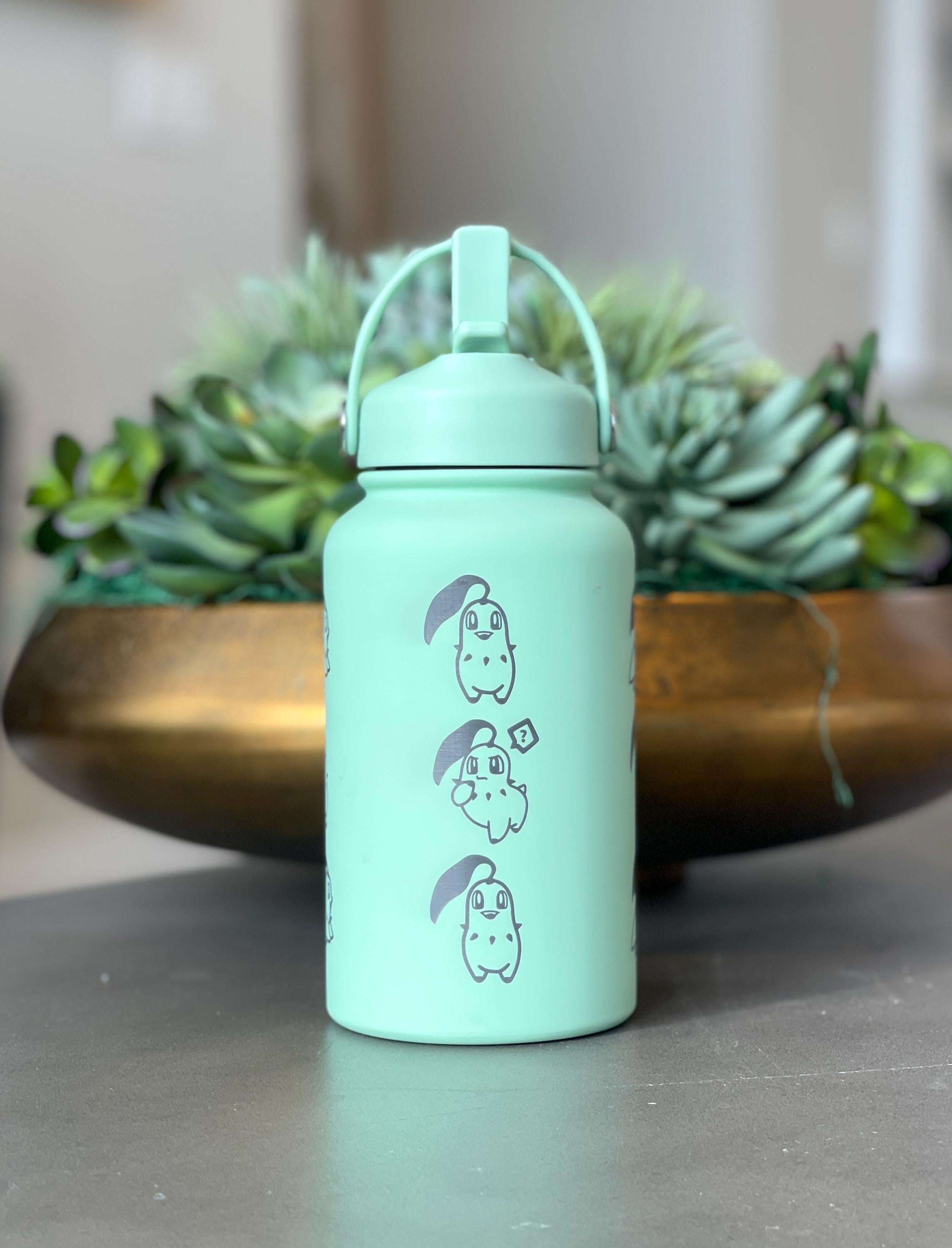 Chikorita Water Bottle Engraved Coffee Tumbler with Sleeping Chikorita, Grass Johto Starter Waterbottle Travel Mug Anime Fan Birthday Gift