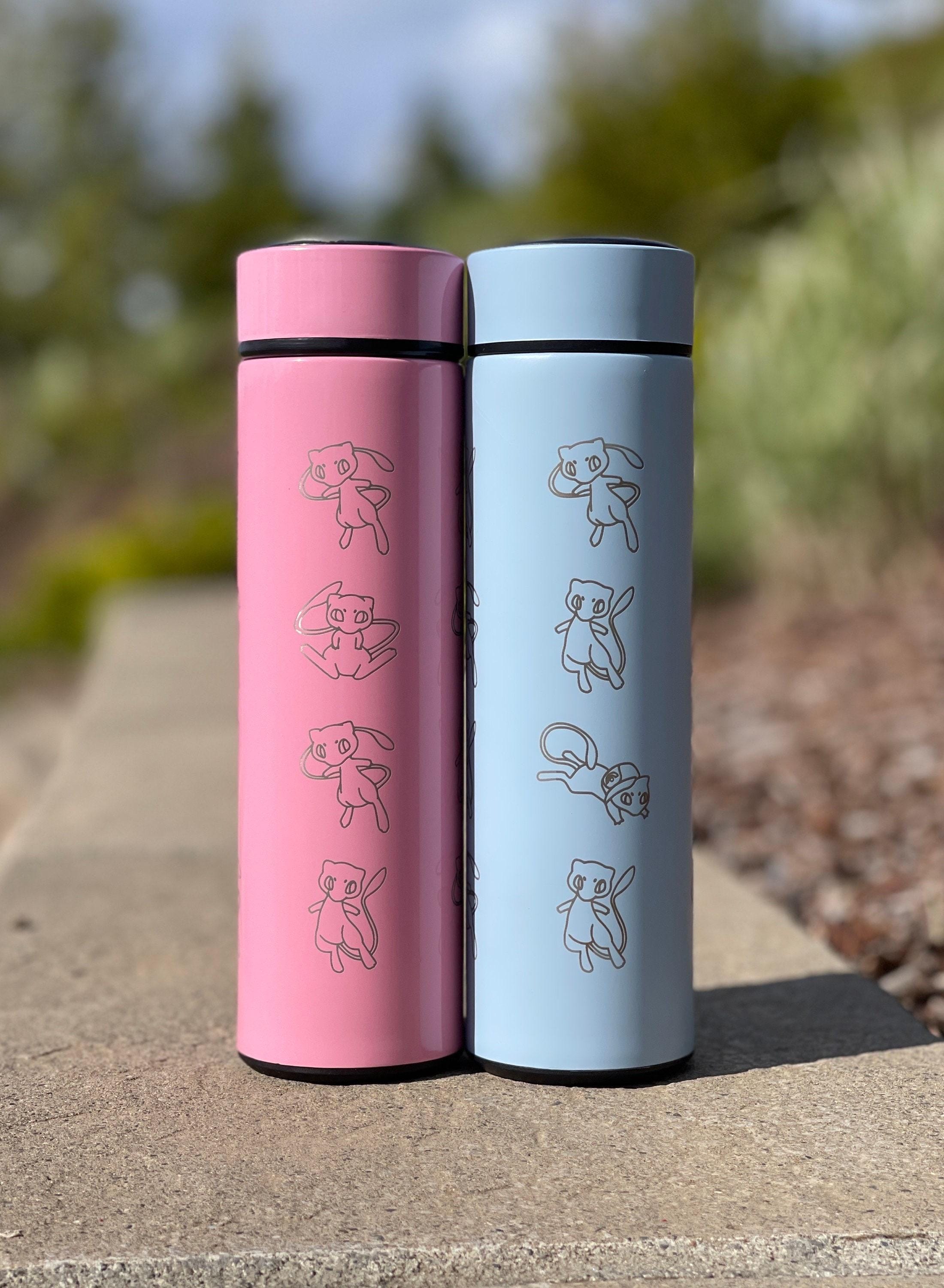 Mew Coffee Tumbler with Ash Ketchum’s Hat, Shiny Mew Water Bottle with Tea Infuser, Psychic Mythical Travel Mug Flask Gift