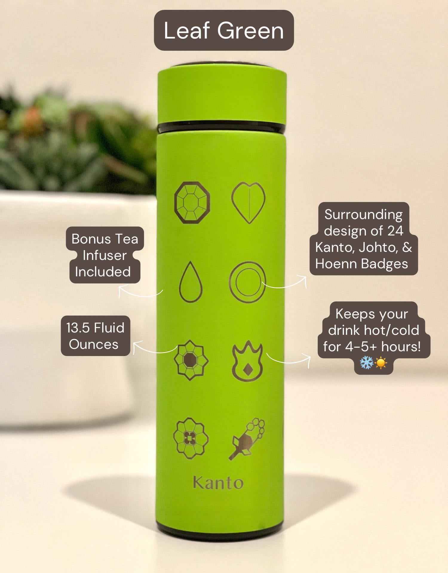 Kanto Johto Hoenn Gym Badges Tumbler Water Bottle with Tea Infuser Coffee Travel Cup Mug, Gamer Anime Waterbottle Birthday Gifts