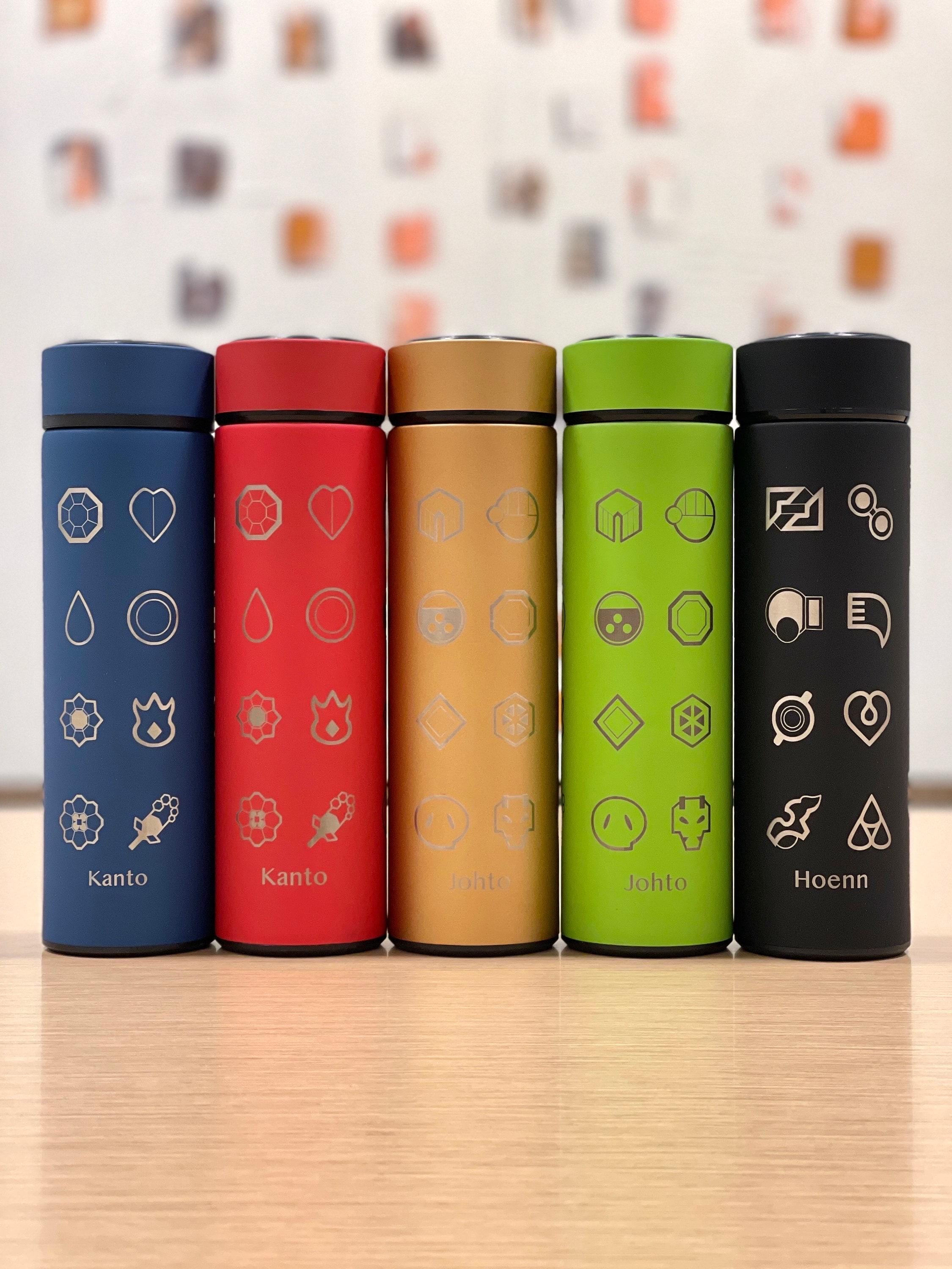 Kanto Johto Hoenn Gym Badges Tumbler Water Bottle with Tea Infuser Coffee Travel Cup Mug, Gamer Anime Waterbottle Birthday Gifts