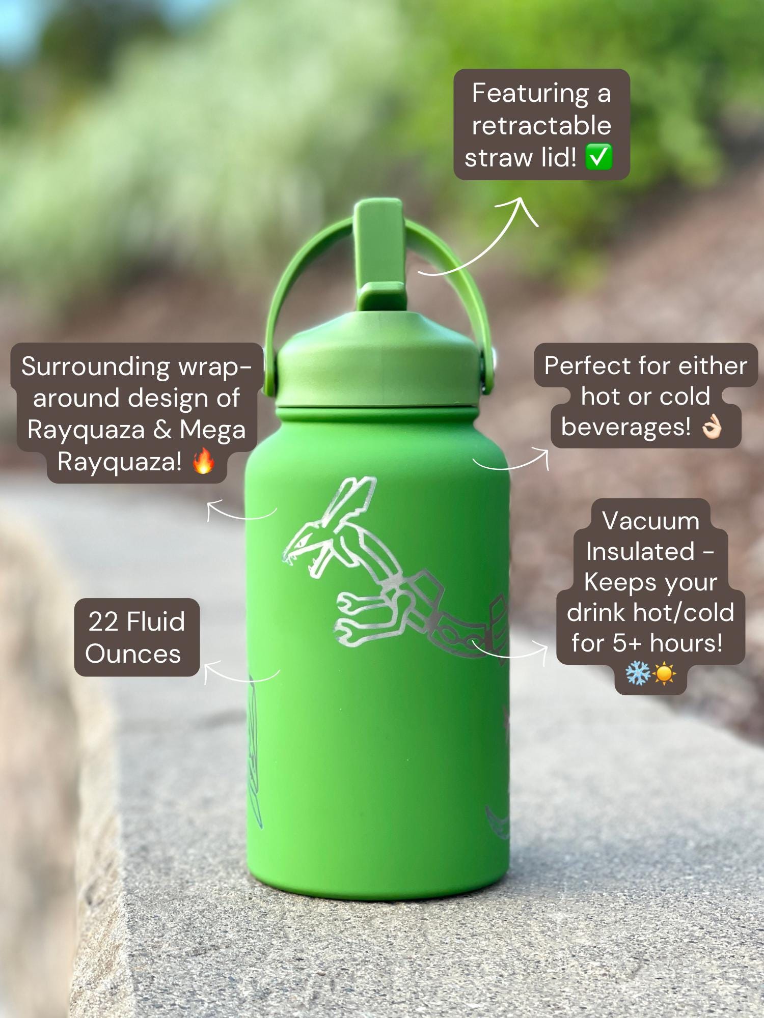 Rayquaza & Mega Rayquaza Water Bottle Engraved Coffee Tumbler, Hoenn Legendary Dragon Waterbottle Thermos, Anime Fan Birthday Gift