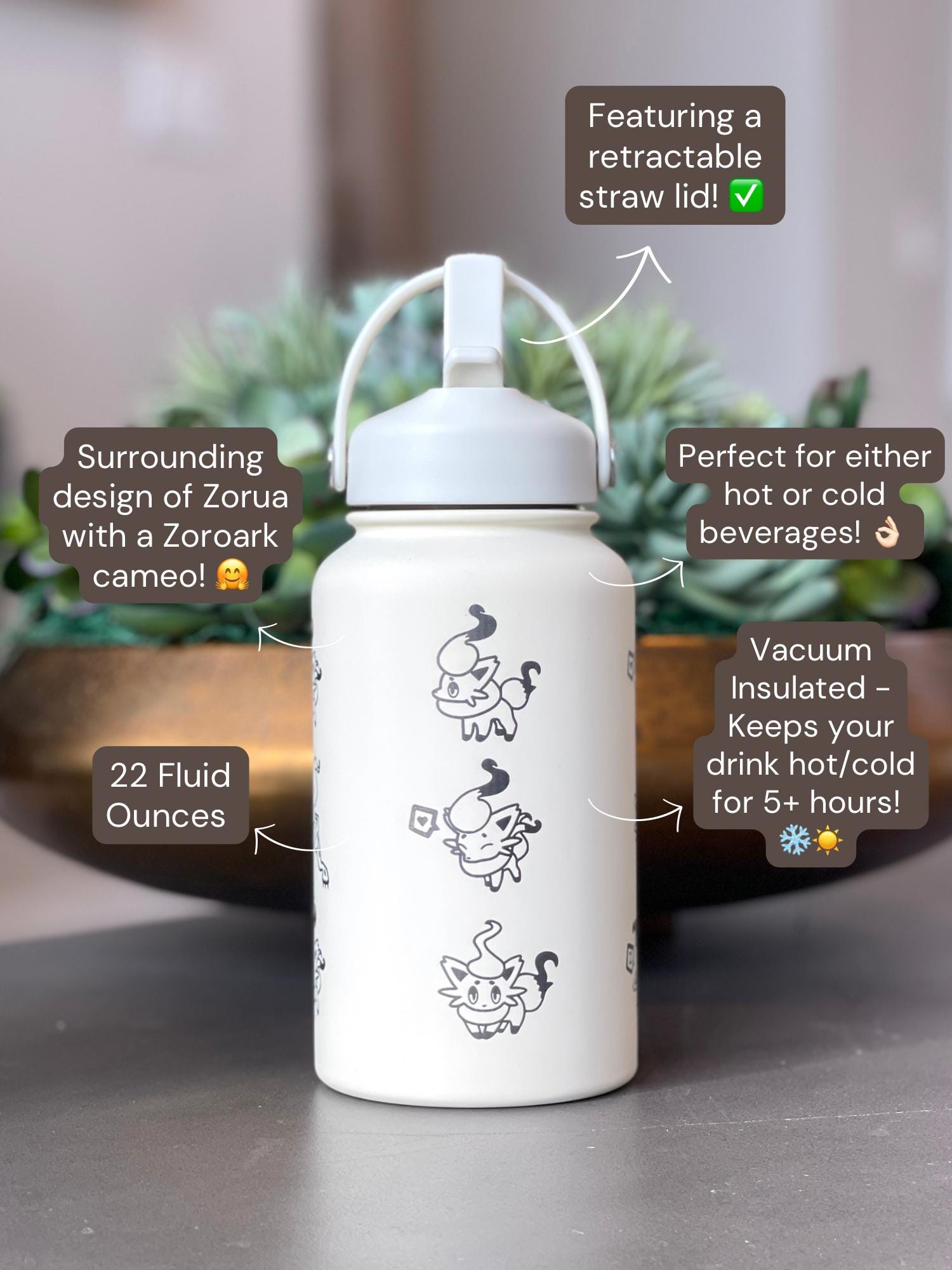 Hisuian Zorua Zoroark Water Bottle Engraved Coffee Tumbler, Waterbottle Travel Mug Thermos, Cute Anime Fan Anniversary Birthday Gift