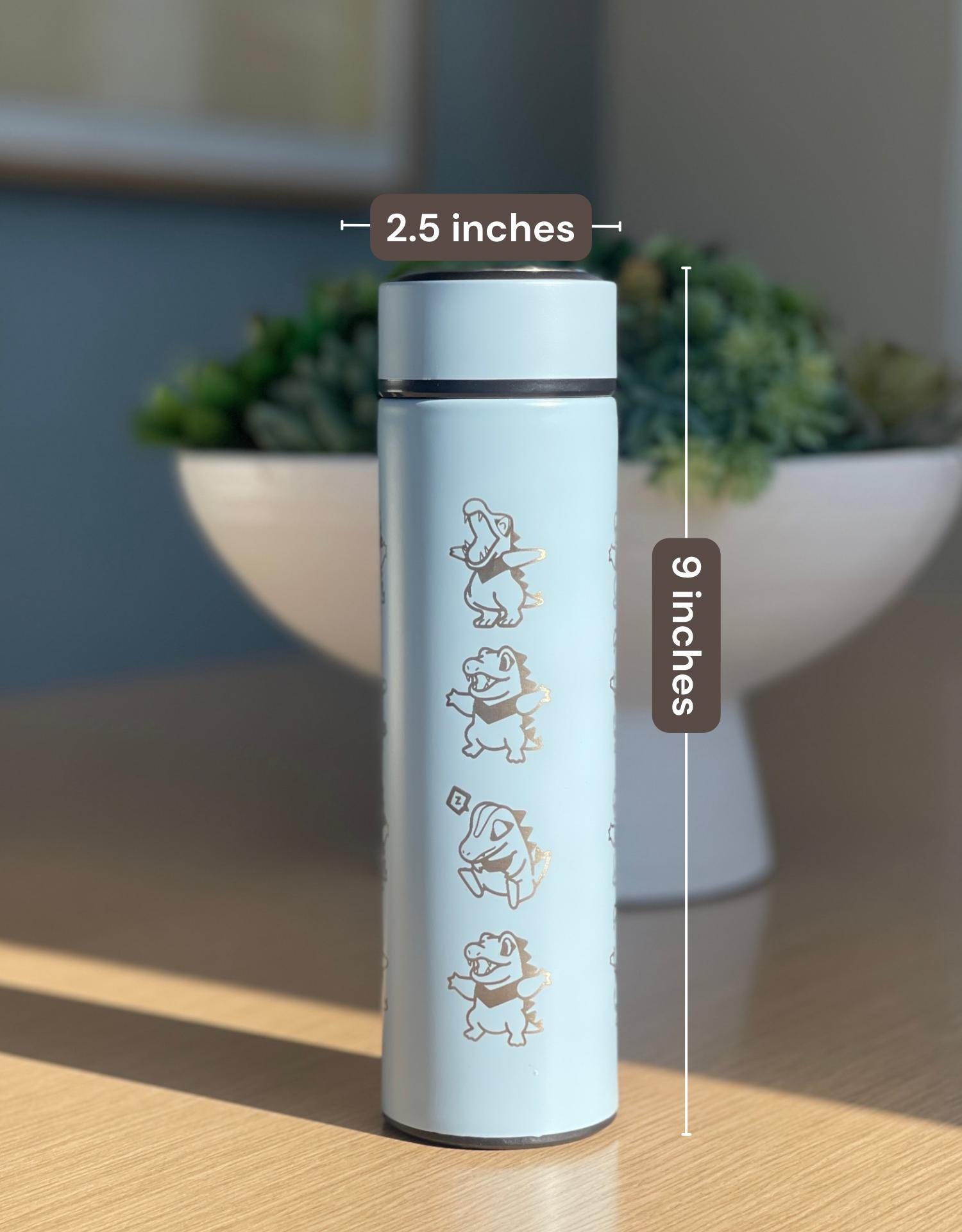 Totodile Coffee Tumbler, Engraved Water Bottle with Tea Infuser, Mystery Dungeon Scarf, Johto Legends ZA Starter Flask Anniversary Gift