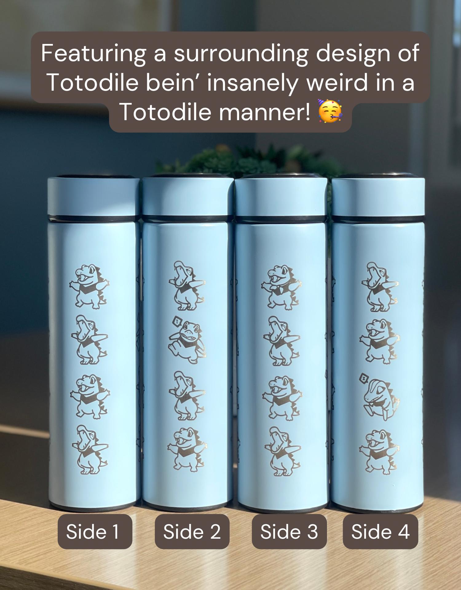 Totodile Coffee Tumbler, Engraved Water Bottle with Tea Infuser, Mystery Dungeon Scarf, Johto Legends ZA Starter Flask Anniversary Gift