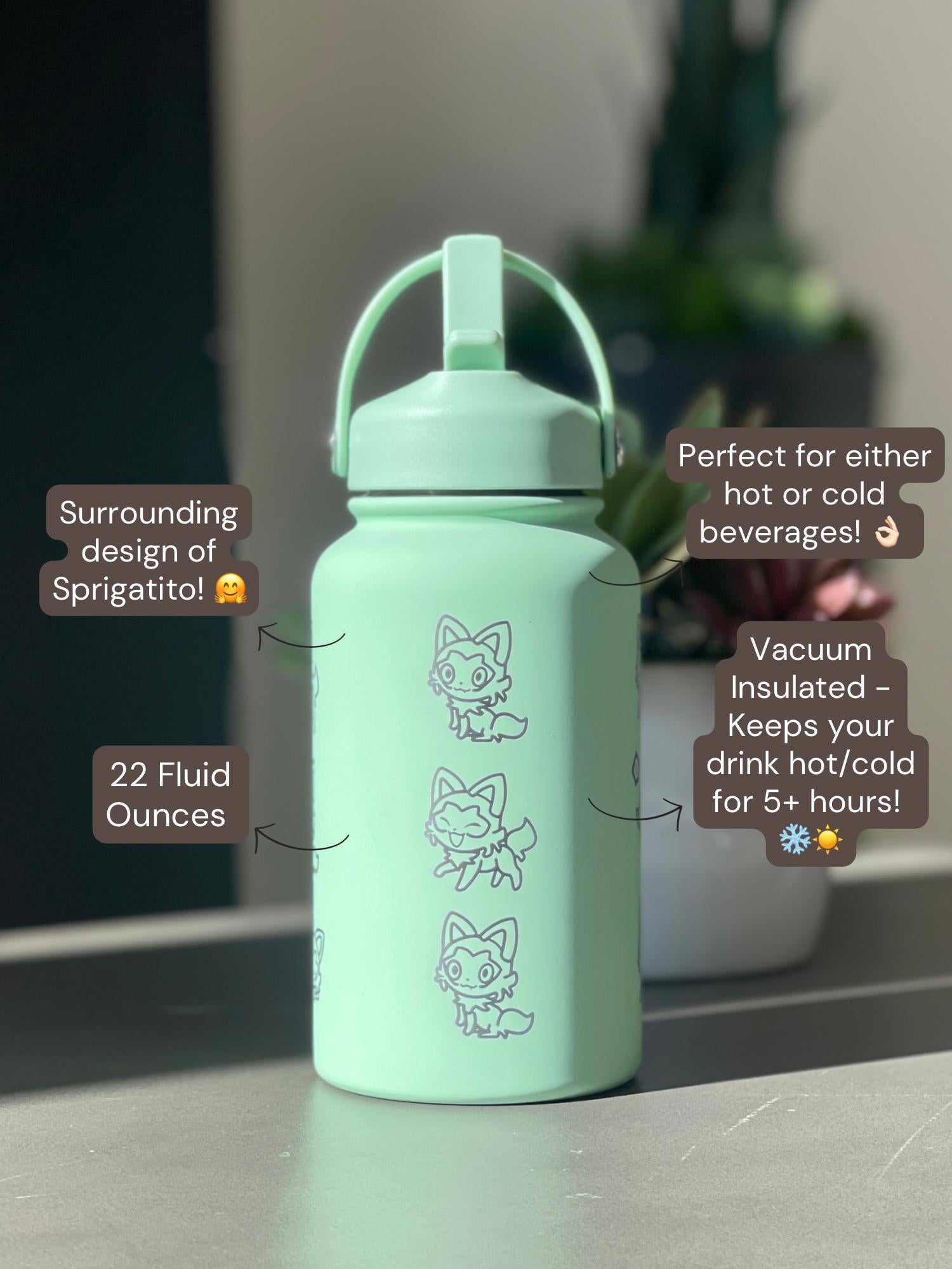 Sprigatito Water Bottle Engraved Coffee Tumbler with Sleeping Sprigatito, Paldea Grass Starter Waterbottle Thermos Anime Fan Birthday Gift