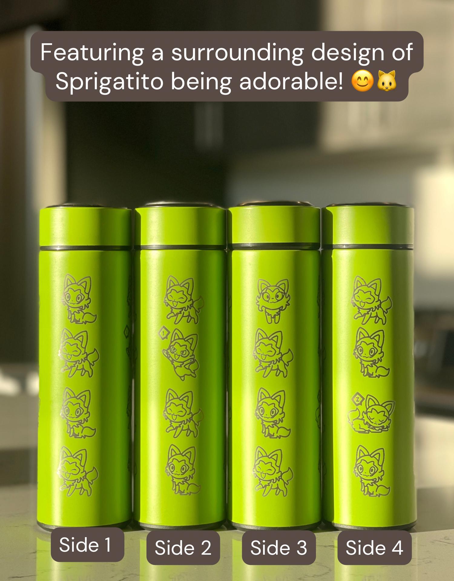 Sprigatito Coffee Tumbler with Tea Infuser, Sleeping Sprigatito, Cute Engraved Waterbottle Paldea Grass Starter Cat, Anime Fan Birthday Gift